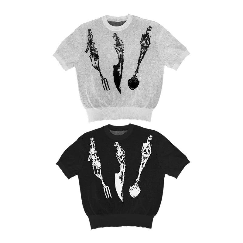WANNA LAB Skull Knife Fork Spoon Jacquard Pattern Front Shoulder Tee