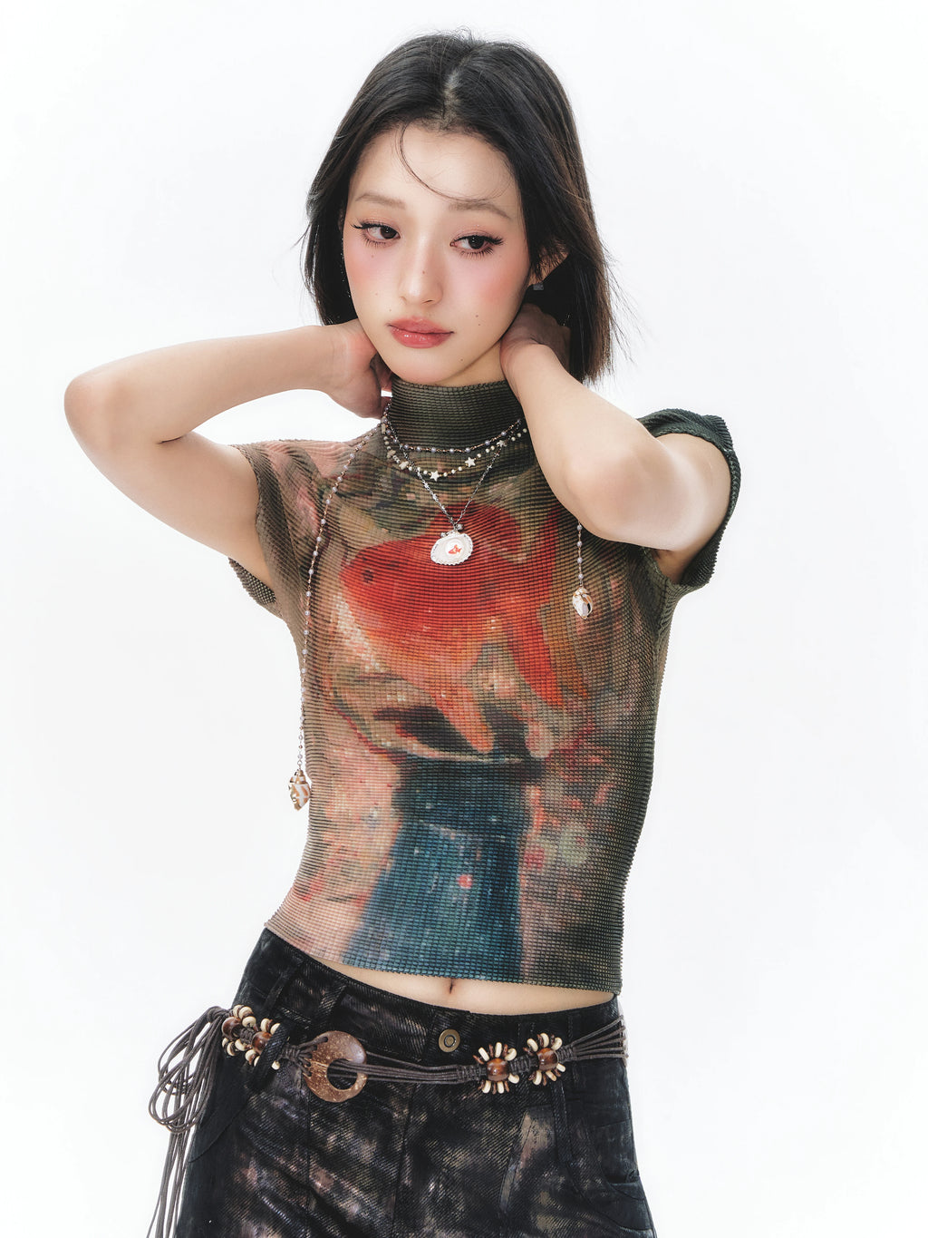 YEDM Goldfish Print Short Pleated Short Tee