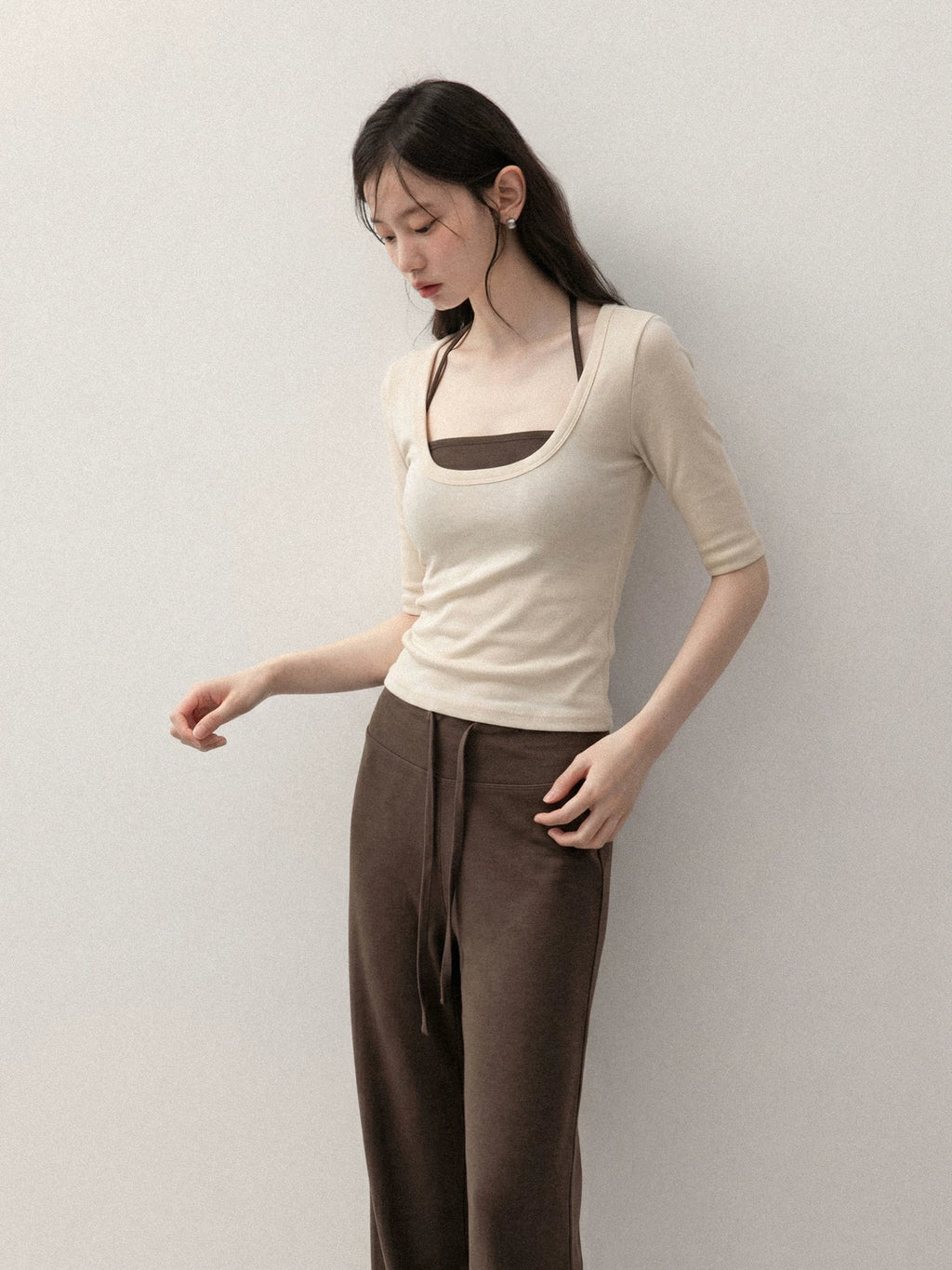 Cantonstory U-neck Suspender Five-quarter Sleeve Tee Slacks Set