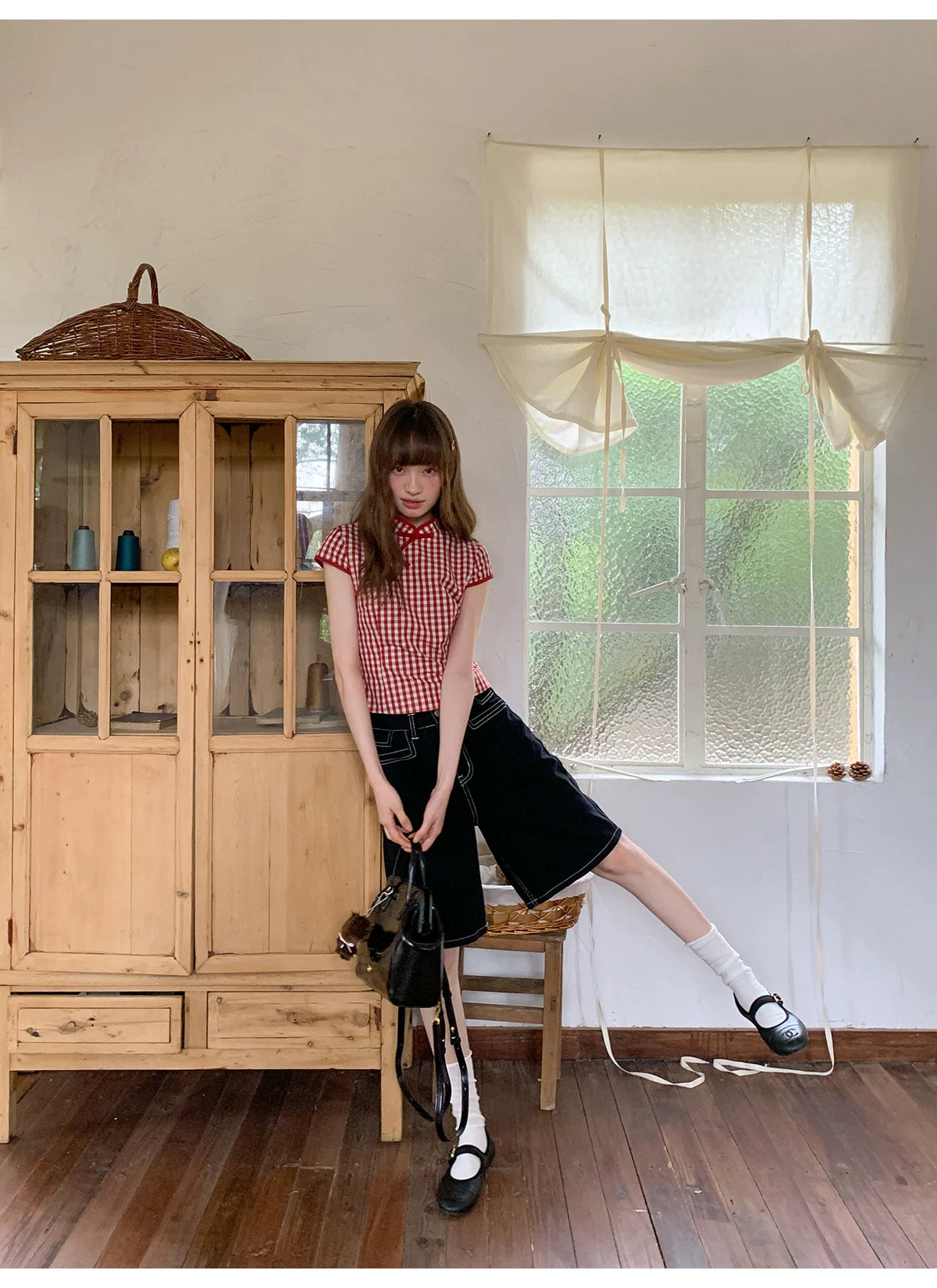 KANO Stand-up Collar Plaid Casual Tee
