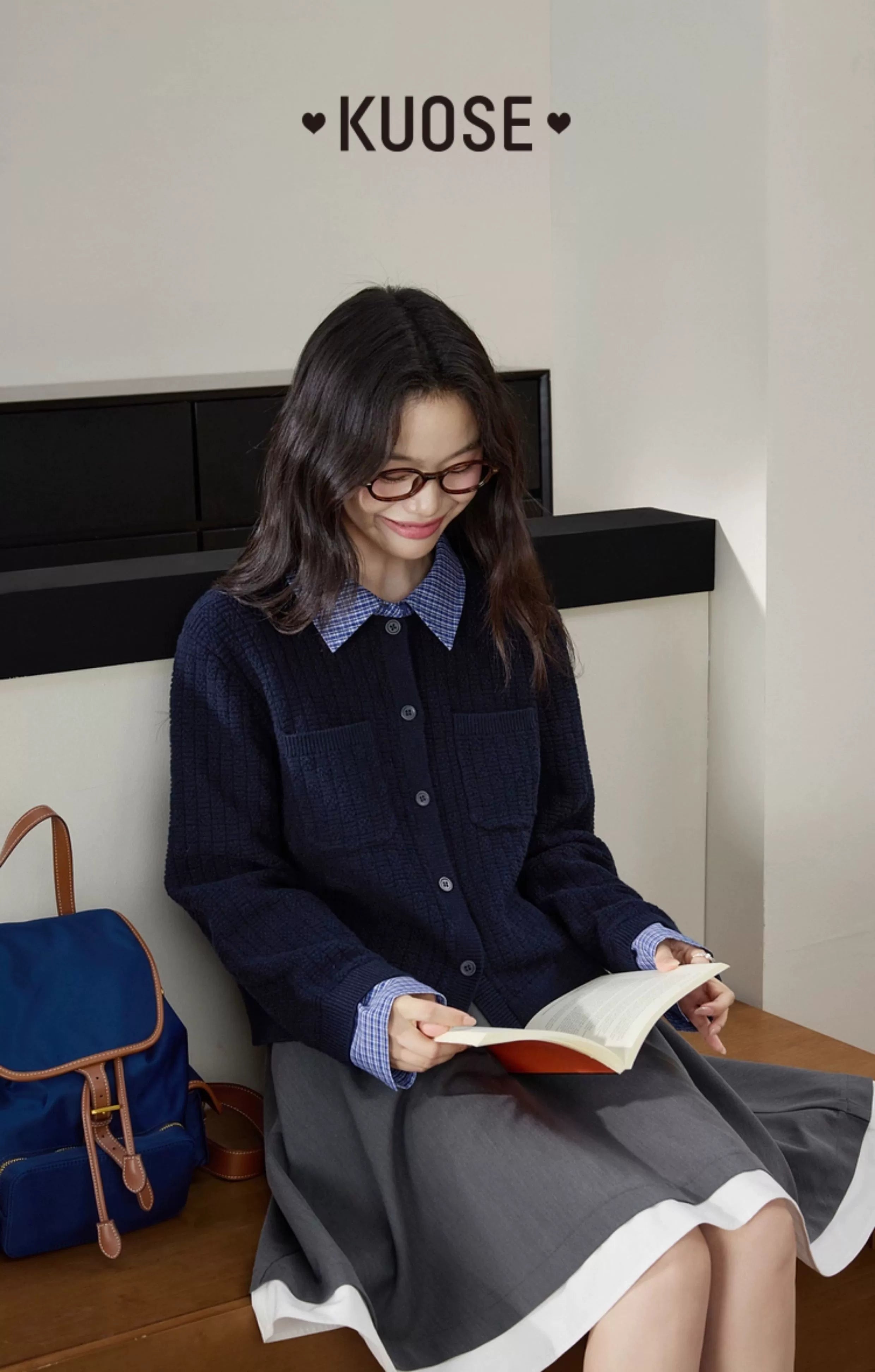 Kuose Fake Two Plaid Knitted Sweater Jacket