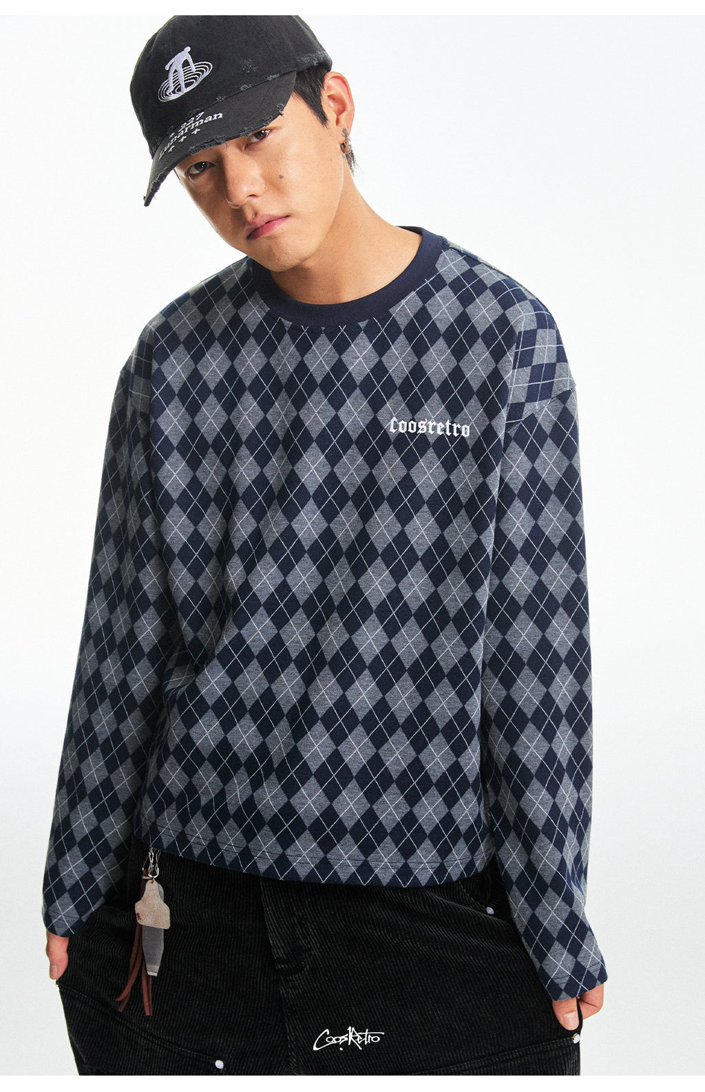 CoosRetro Vintage Rhombus Plaid Embroidery Casual Long Sleeve