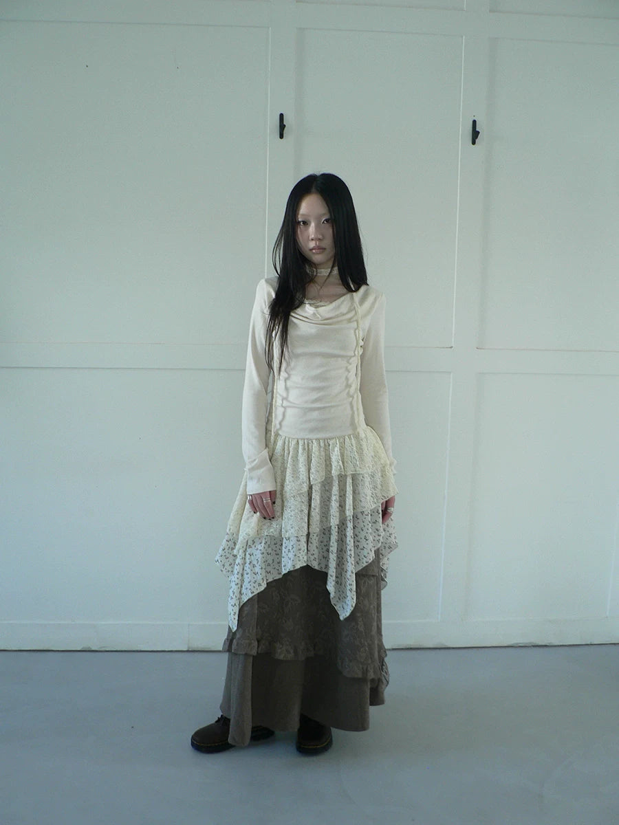 Ang: Project Lace Floral Stitching Irregular Skirt Long Sleeve