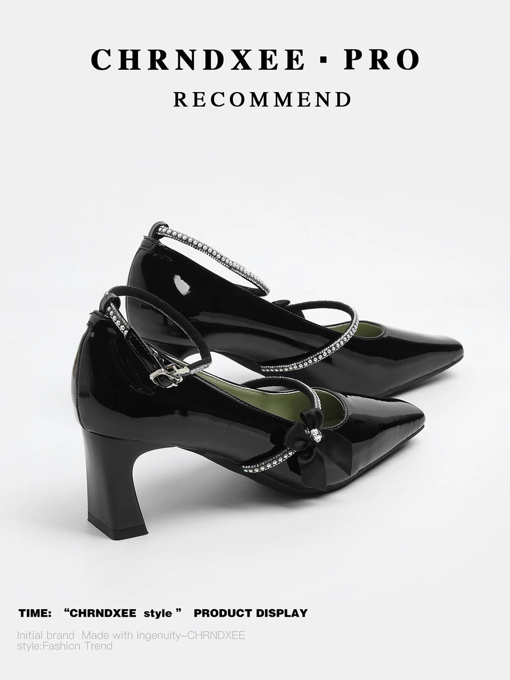 CHRNDXEE Retro Bow Rhinestone One-word Strap High-heeled Shoes