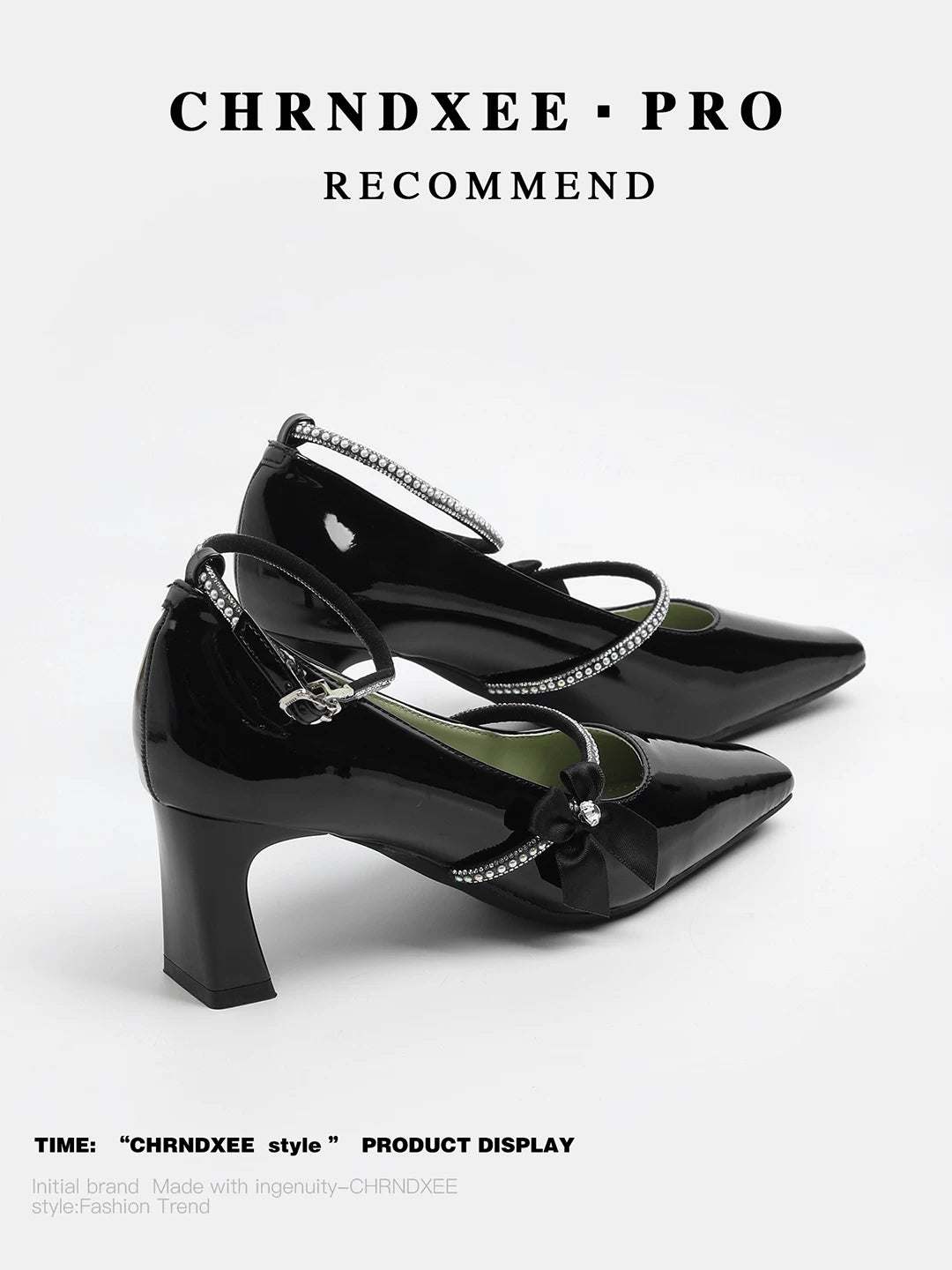 CHRNDXEE Retro Bow Rhinestone One-word Strap High-heeled Shoes