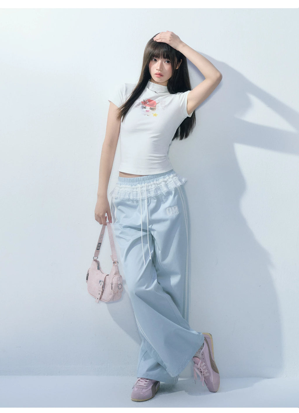 Ablueberry Splicing Lace Loose Straight Pants