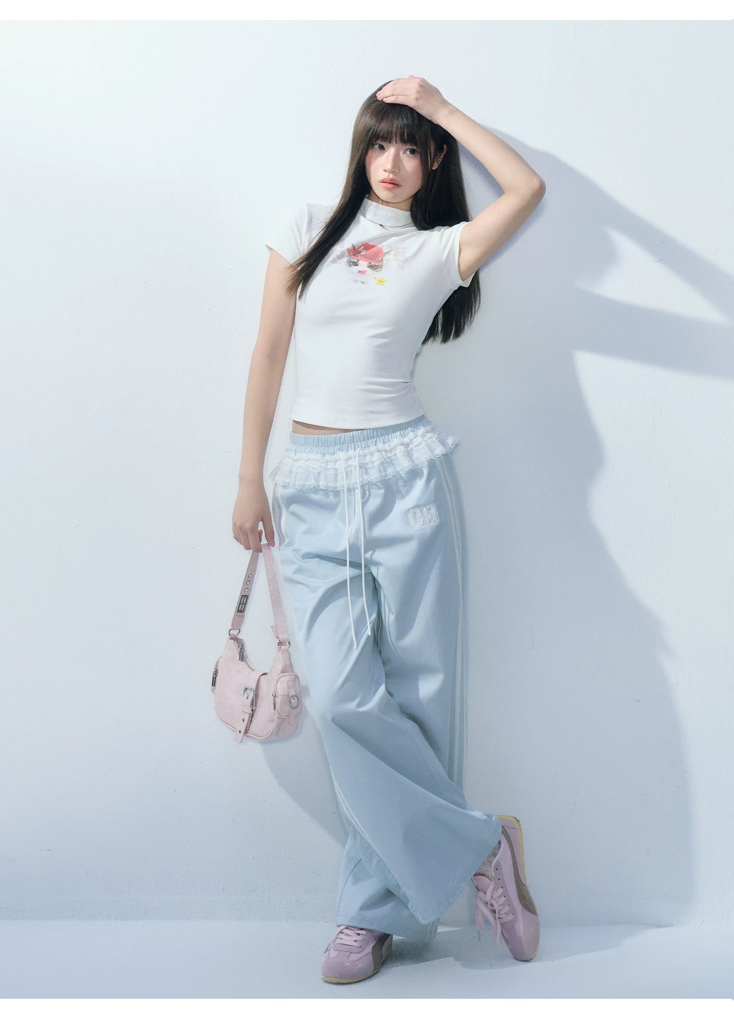 Ablueberry Splicing Lace Loose Straight Pants