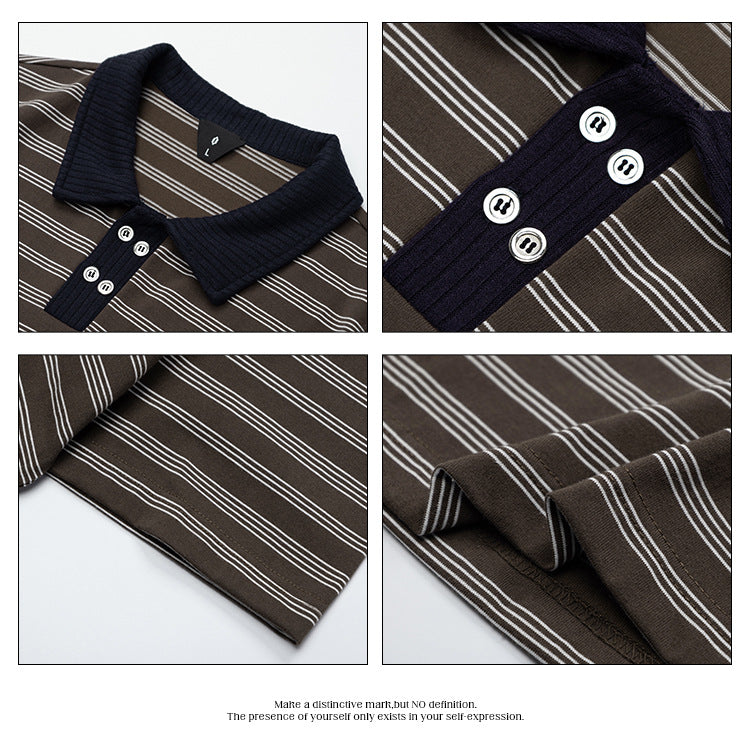 OVDY Striped Lapel Casual Polo Shirt