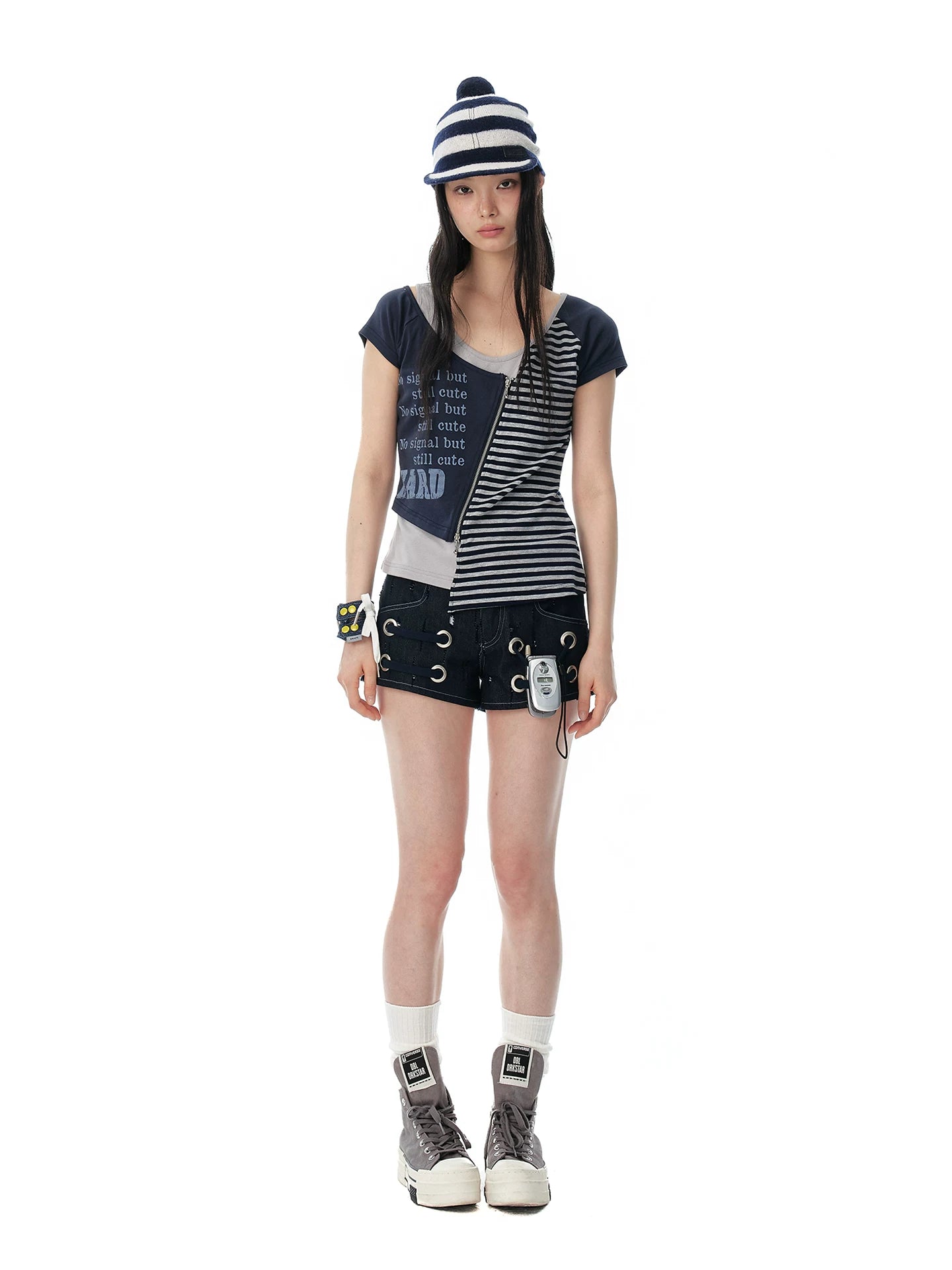 JIKOO Fake Two-piece Shoulder Sleeve Striped Tee