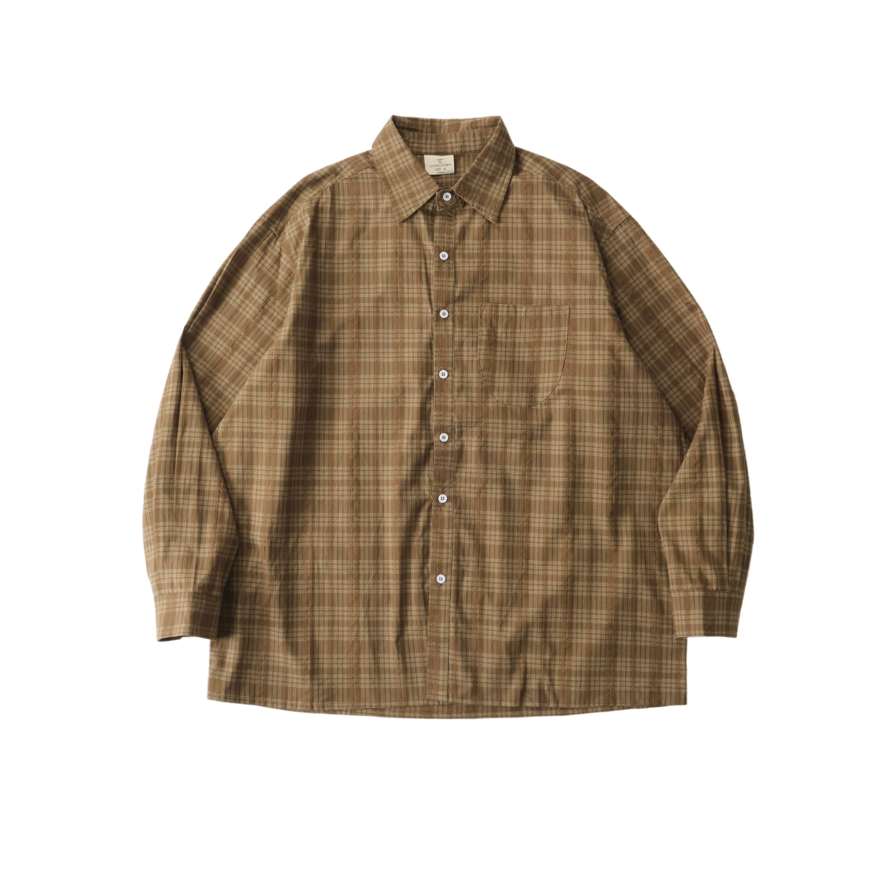 LIVINGTOWN Lapel Plaid Pocket Long-sleeved Shirt