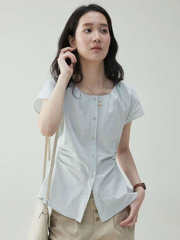 VOOE Crew Neck Waist Pleated Strap-on Shirt
