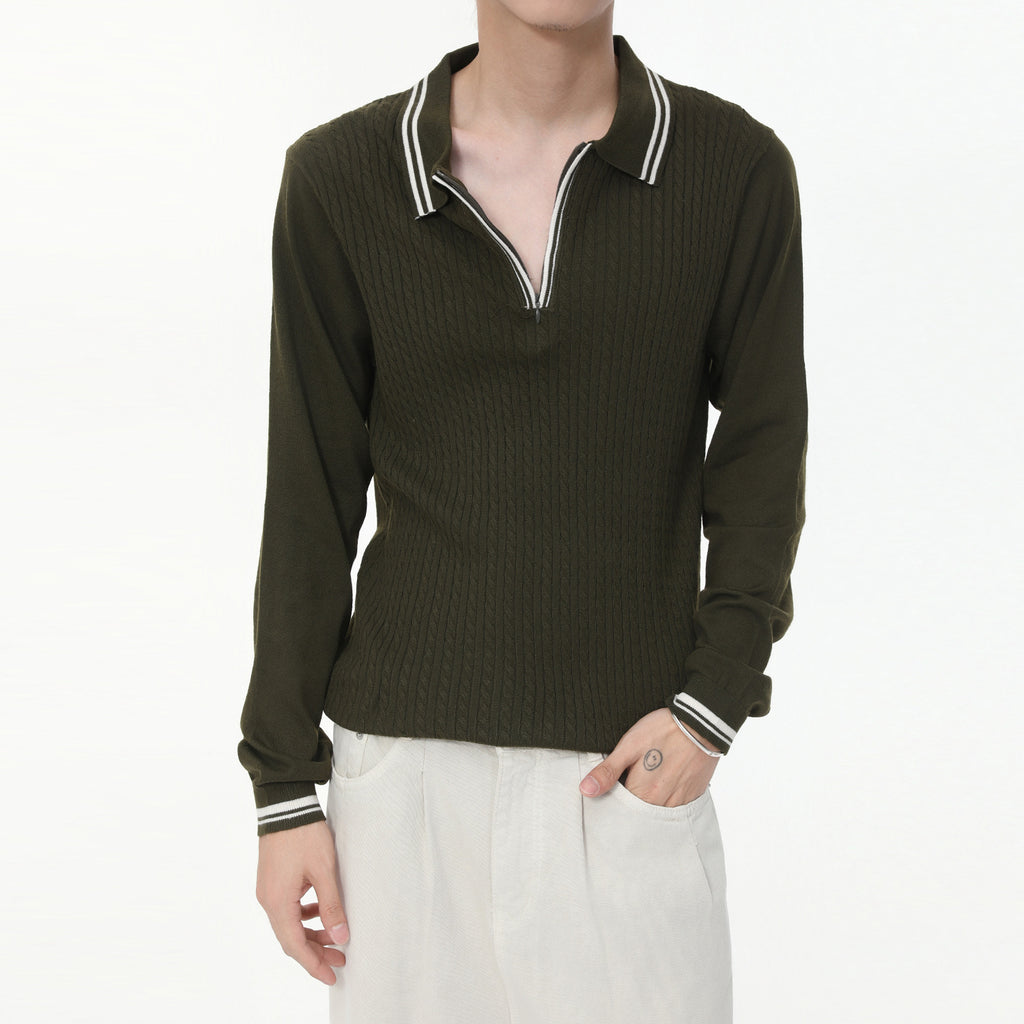MTLCLOTHES Lapel Zipper Semi-open Neck Slim-fit Long-sleeved Knitted Sweater