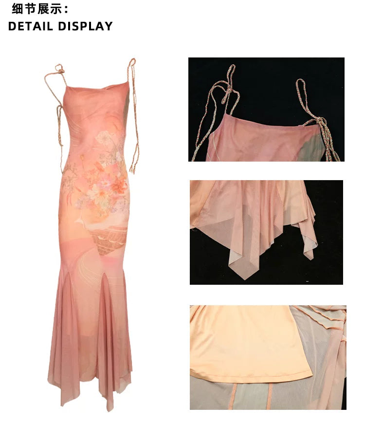 YEDM Gradient Hand-painted Printed Slip Mermaid Skirt