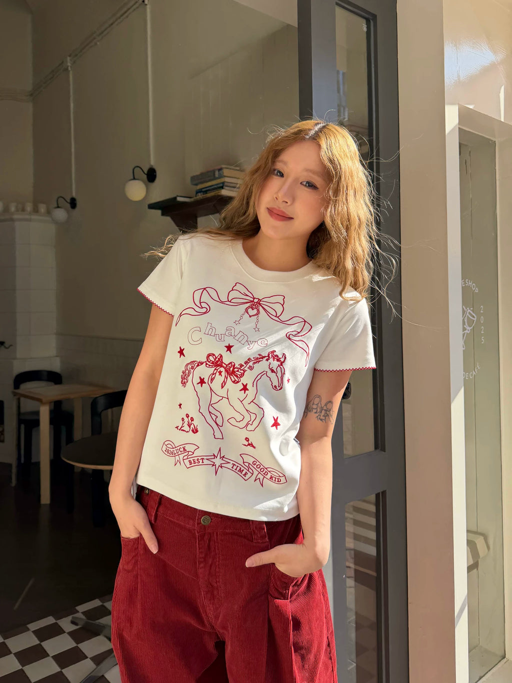 CCYE Embroidered Front Shoulder Lace Round Neck Tee