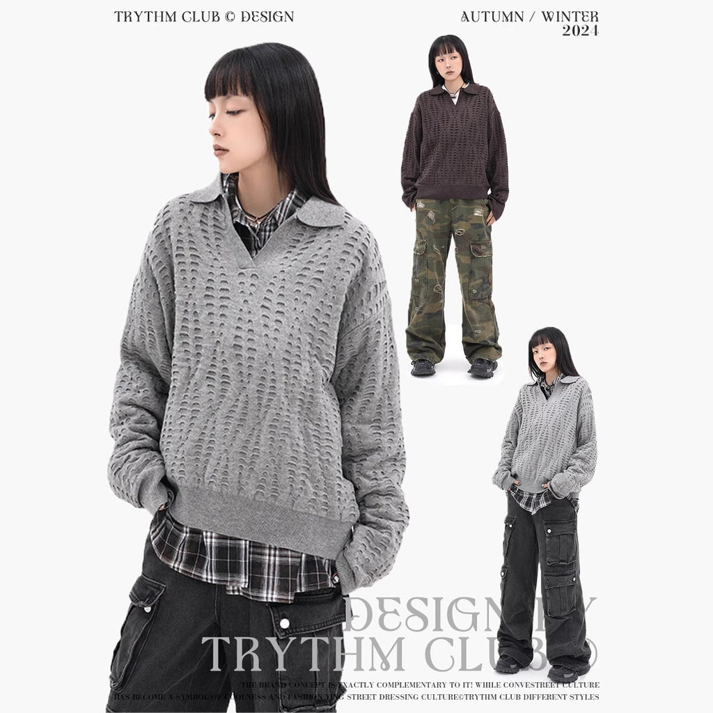 TRYTHMCLUB V-neck Lapel Ripped-knit Sweater