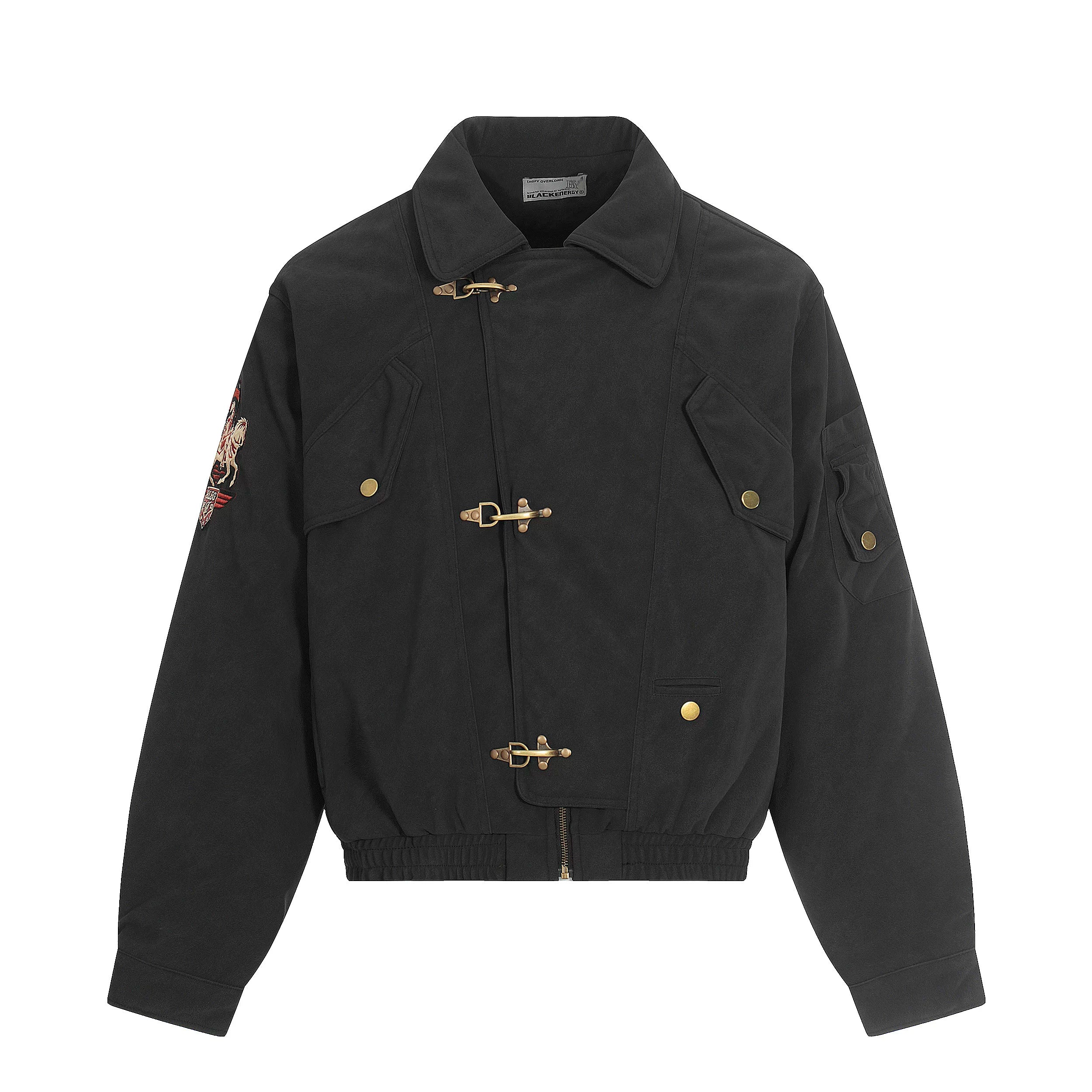 NOMANIAI Matte Textured PU Leather Embroidered Lapel Jacket