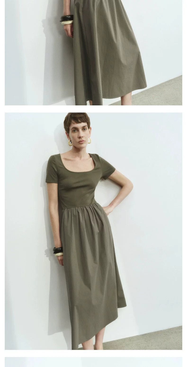 URBAN REVIVO Simple Stitching Slim-fitting Short-sleeved Dress