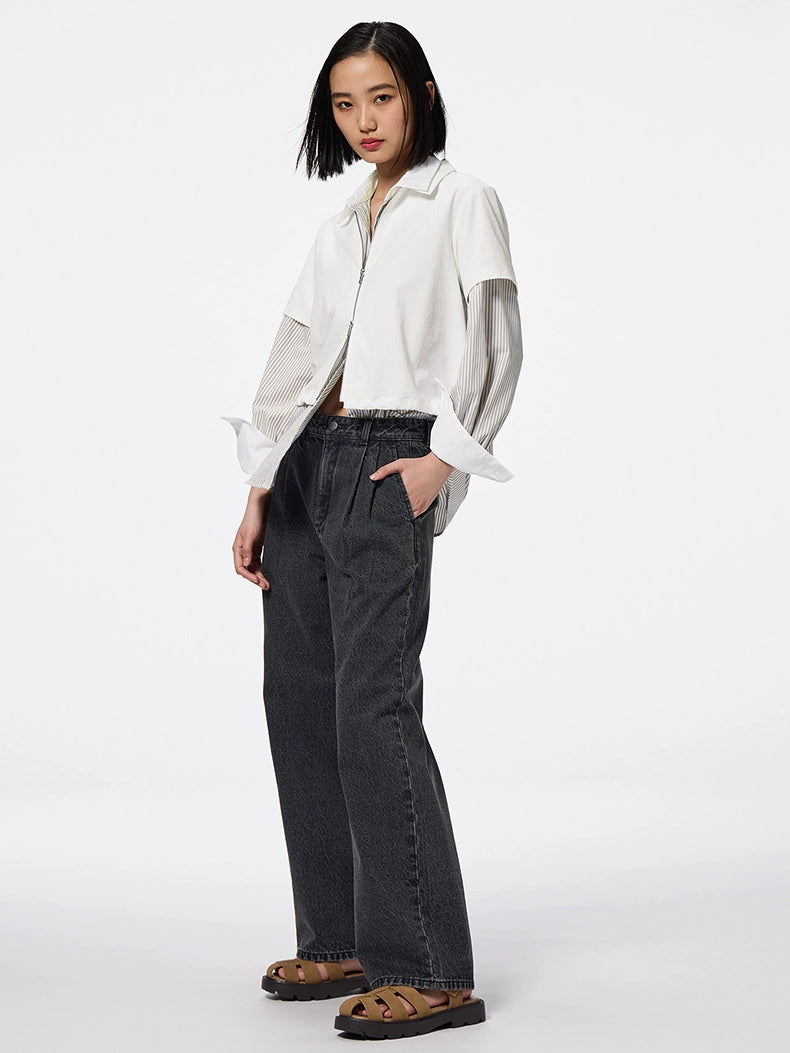 GU Denim Pleated High-waisted Loose Trousers