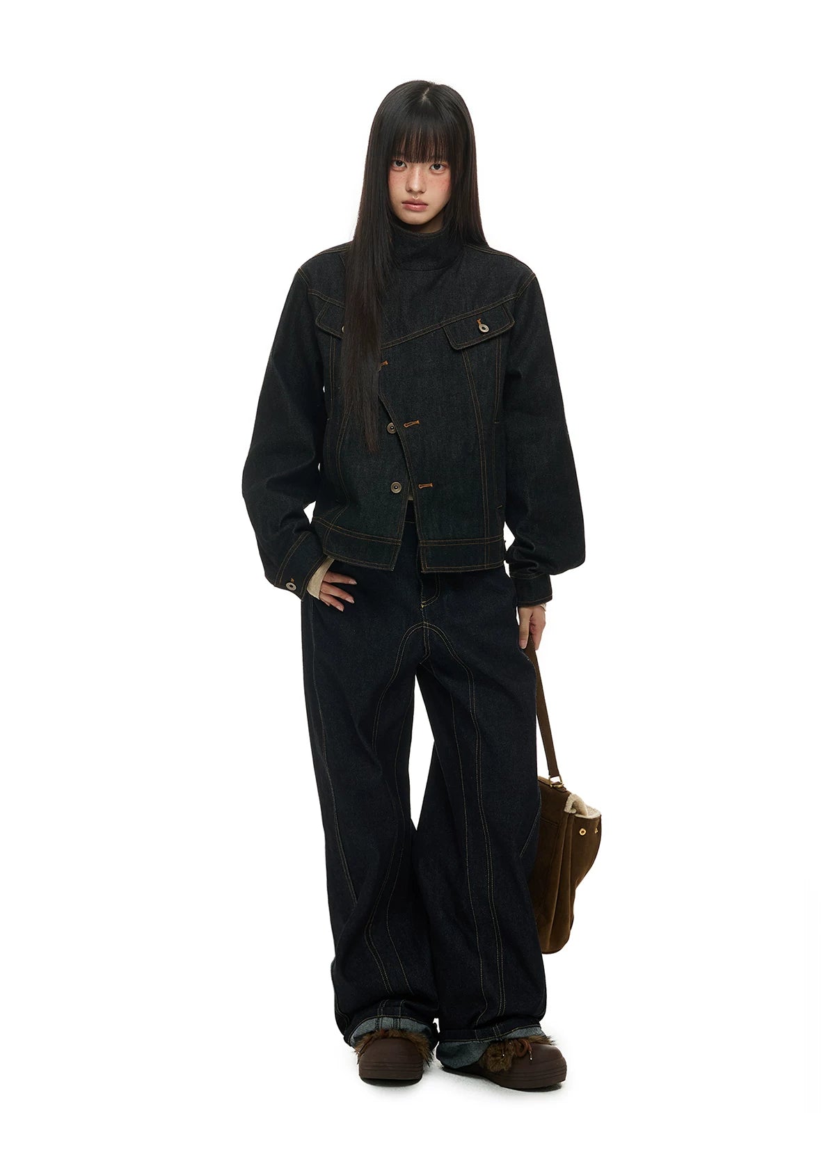 JIKOO Lapel Texture Denim Jacket