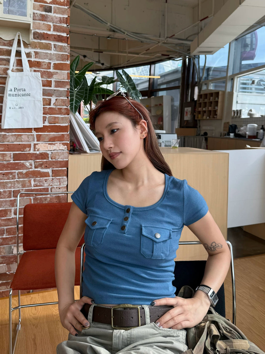 CCYE Retro Front Shoulder Slim U Neck Tee