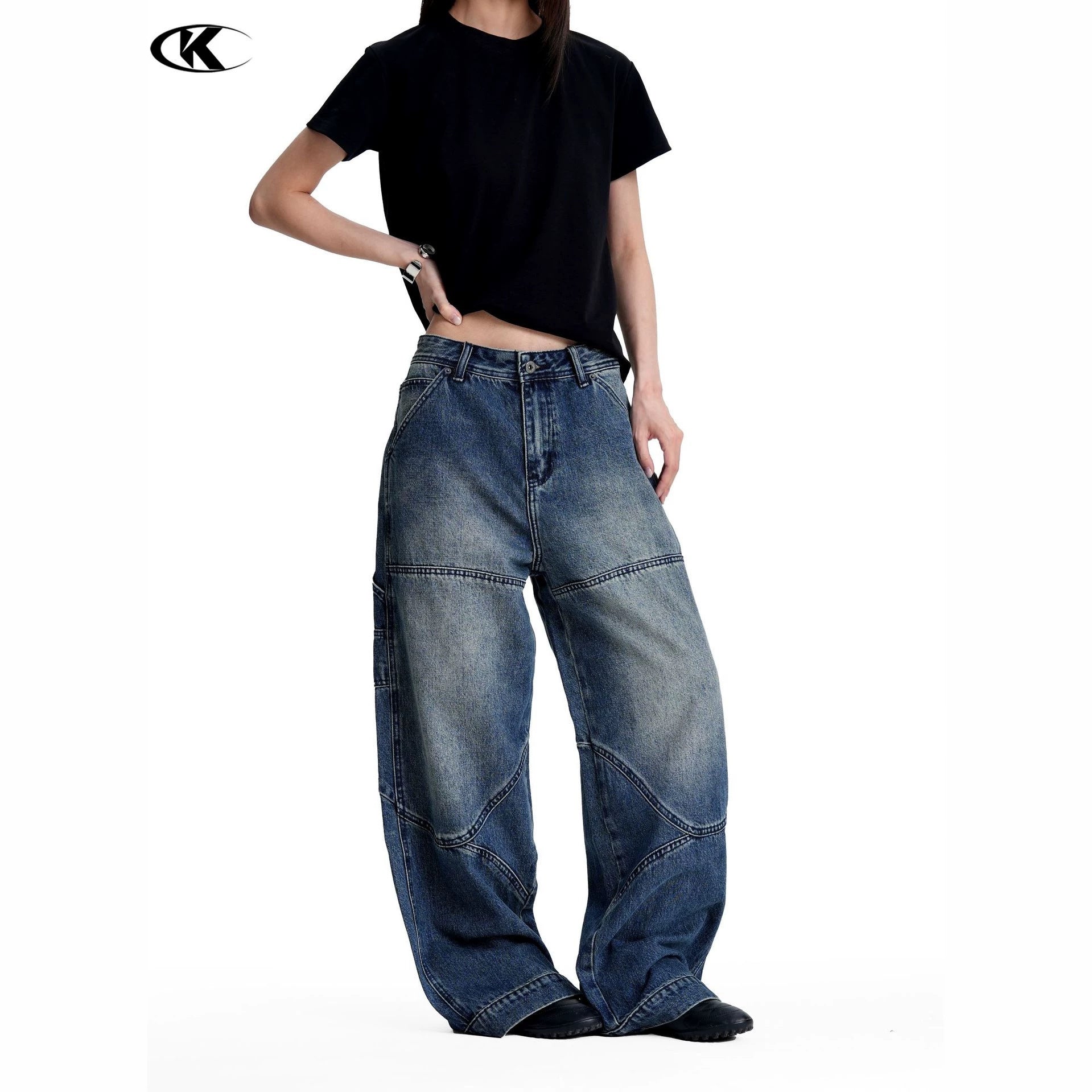 11KN Retro Loose Deconstruction Splicing Straight Jeans