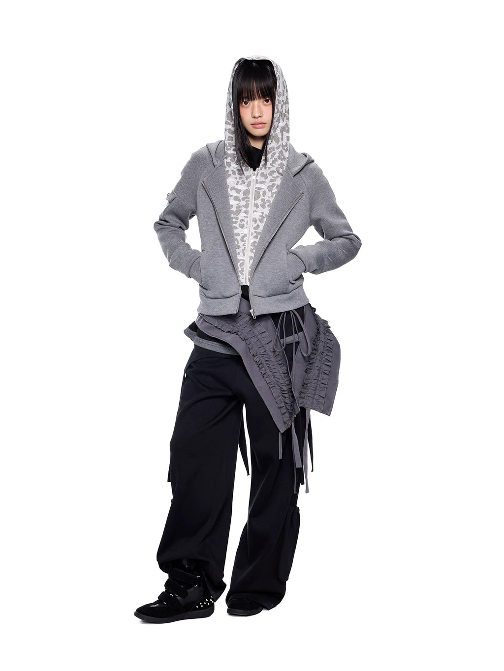 Ezek Faux Two-piece Leopard Print Hooded Cropped Jacket
