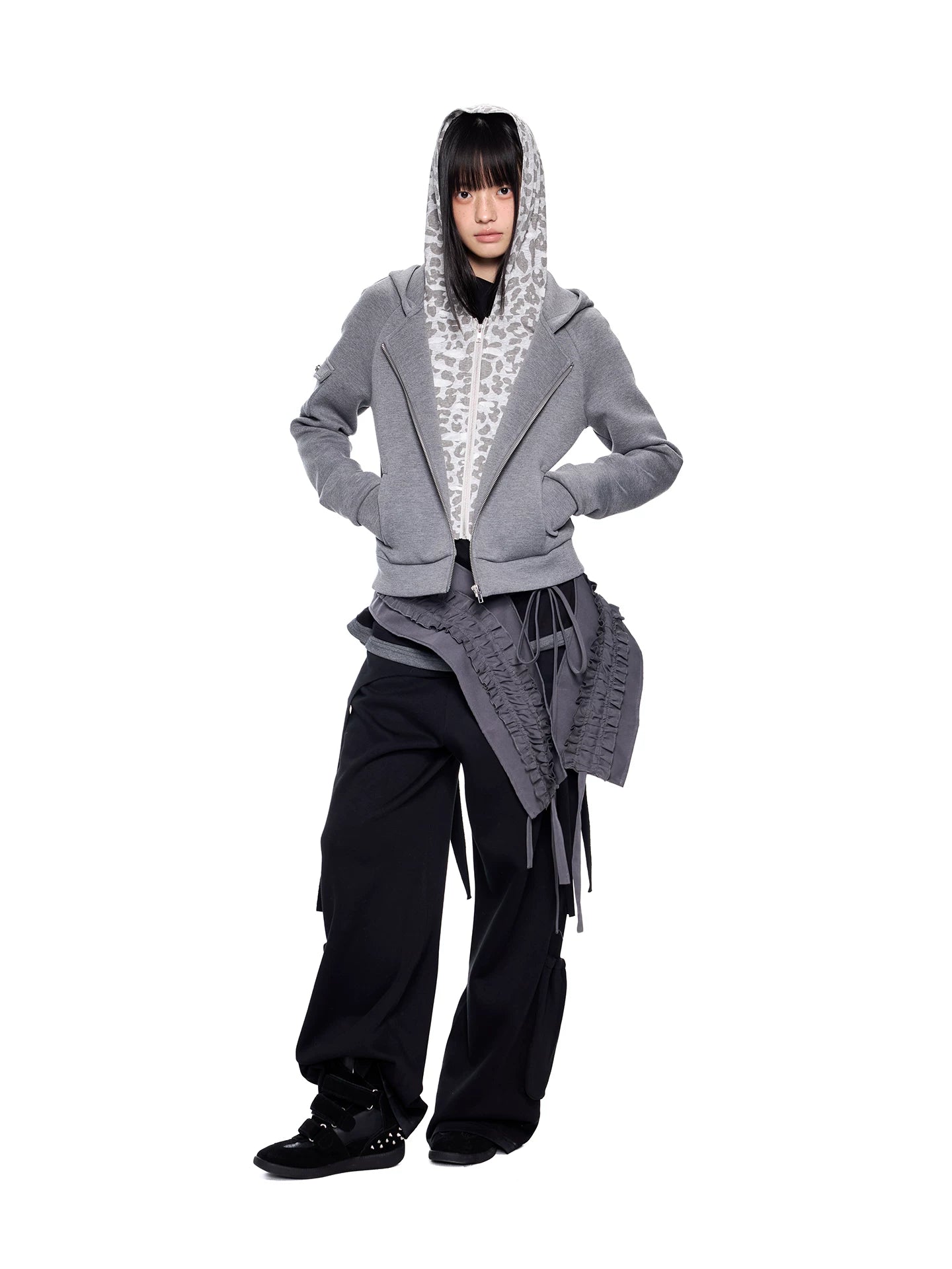 Ezek Faux Two-piece Leopard Print Hooded Cropped Jacket