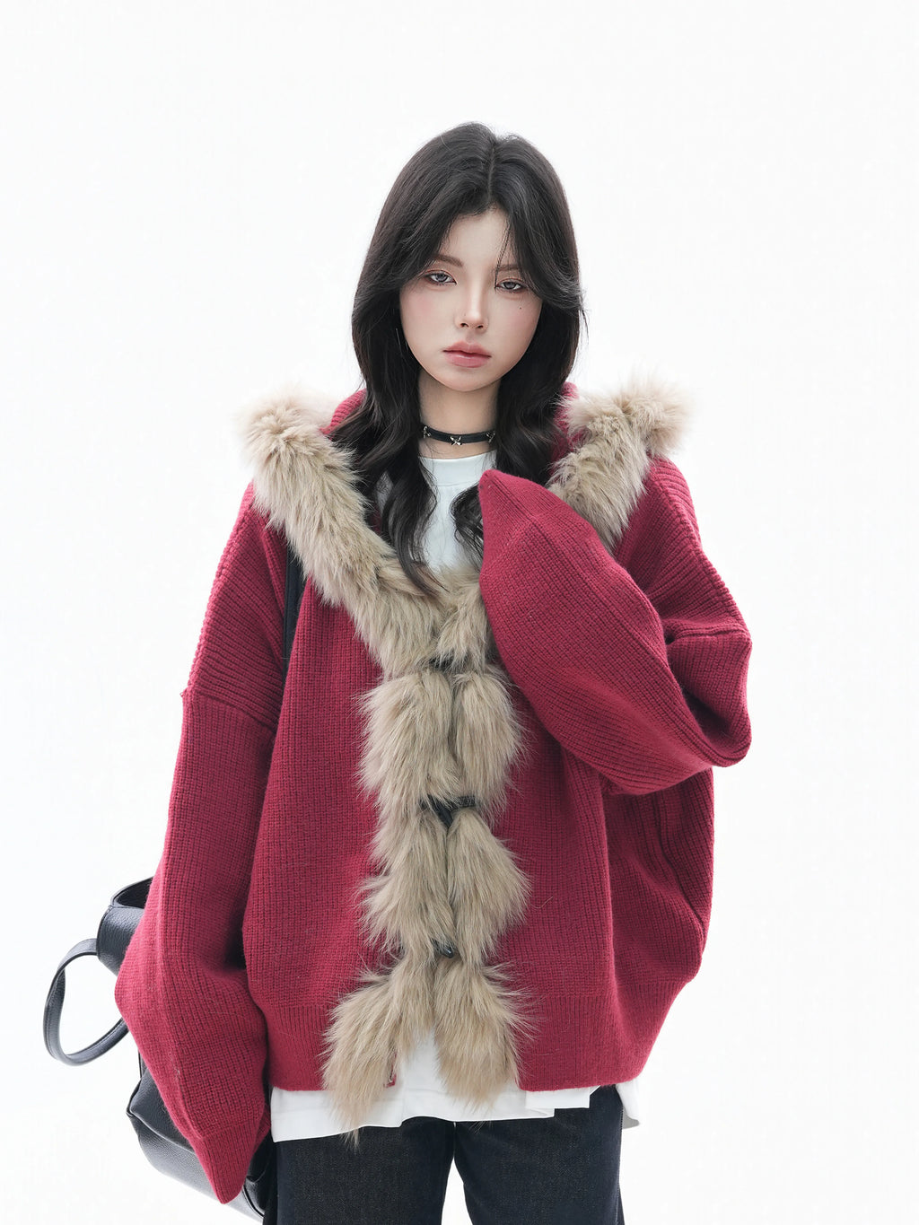 Zuocisankon Retro Big Fur Collar Hooded Knitted Sweater