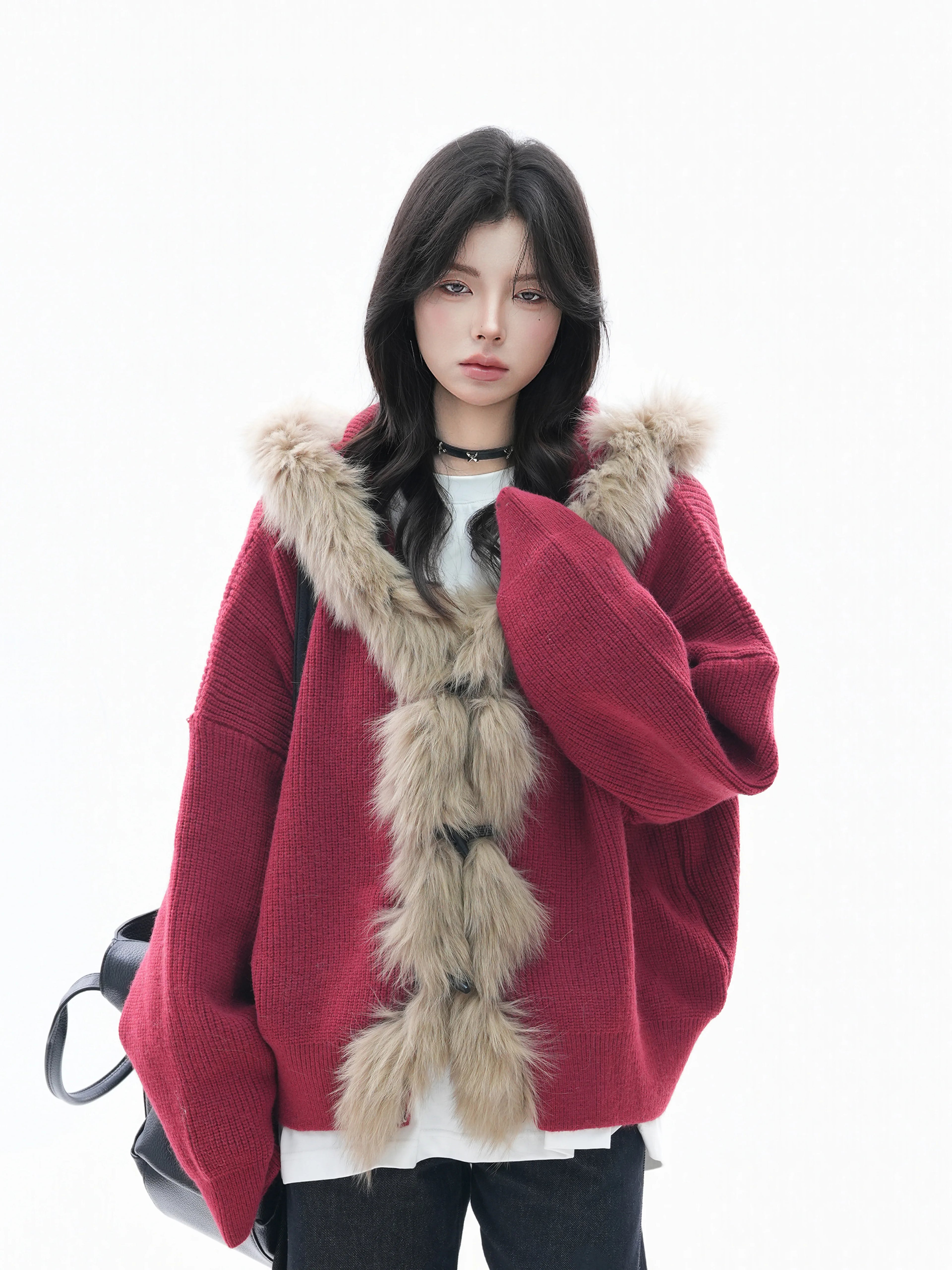 Zuocisankon Retro Big Fur Collar Hooded Knitted Sweater