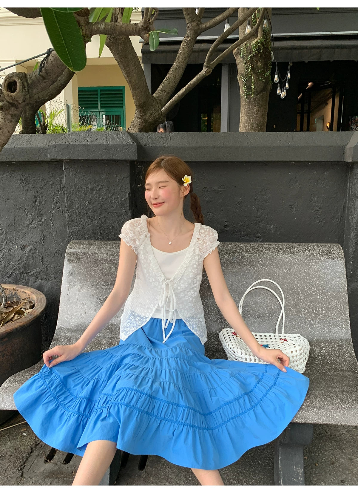 KANO Ruffle Lace Bubble Sleeve Blouse Set