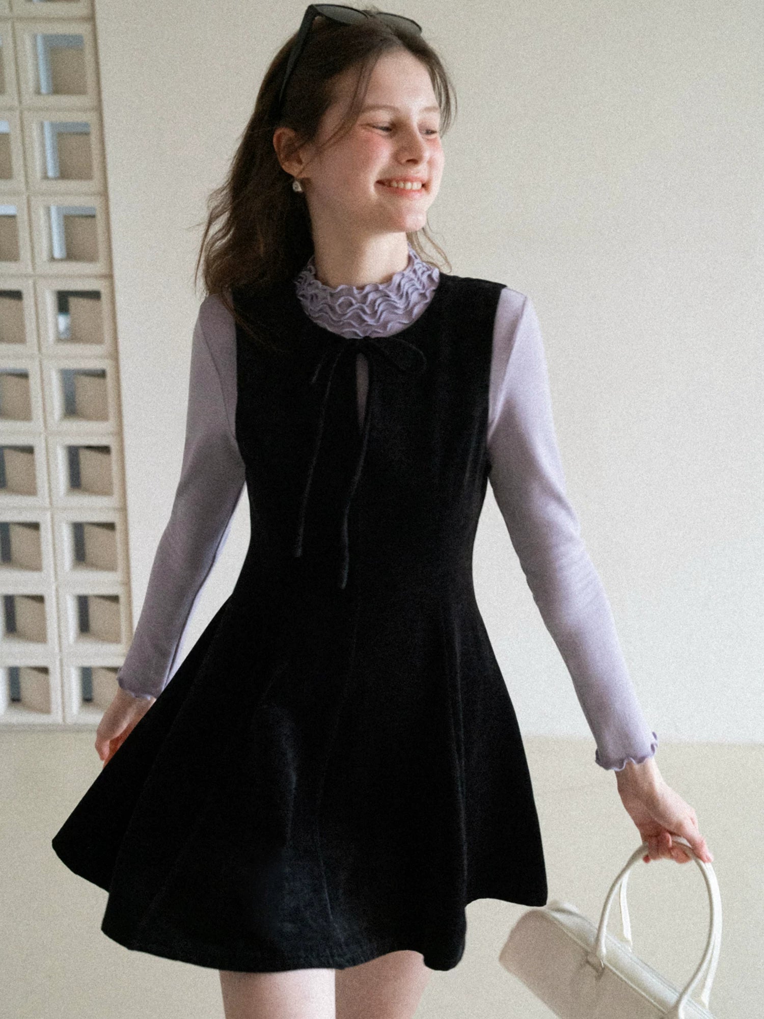 EGGKA Lace-up Bow Temperament Waist and Thin Dress