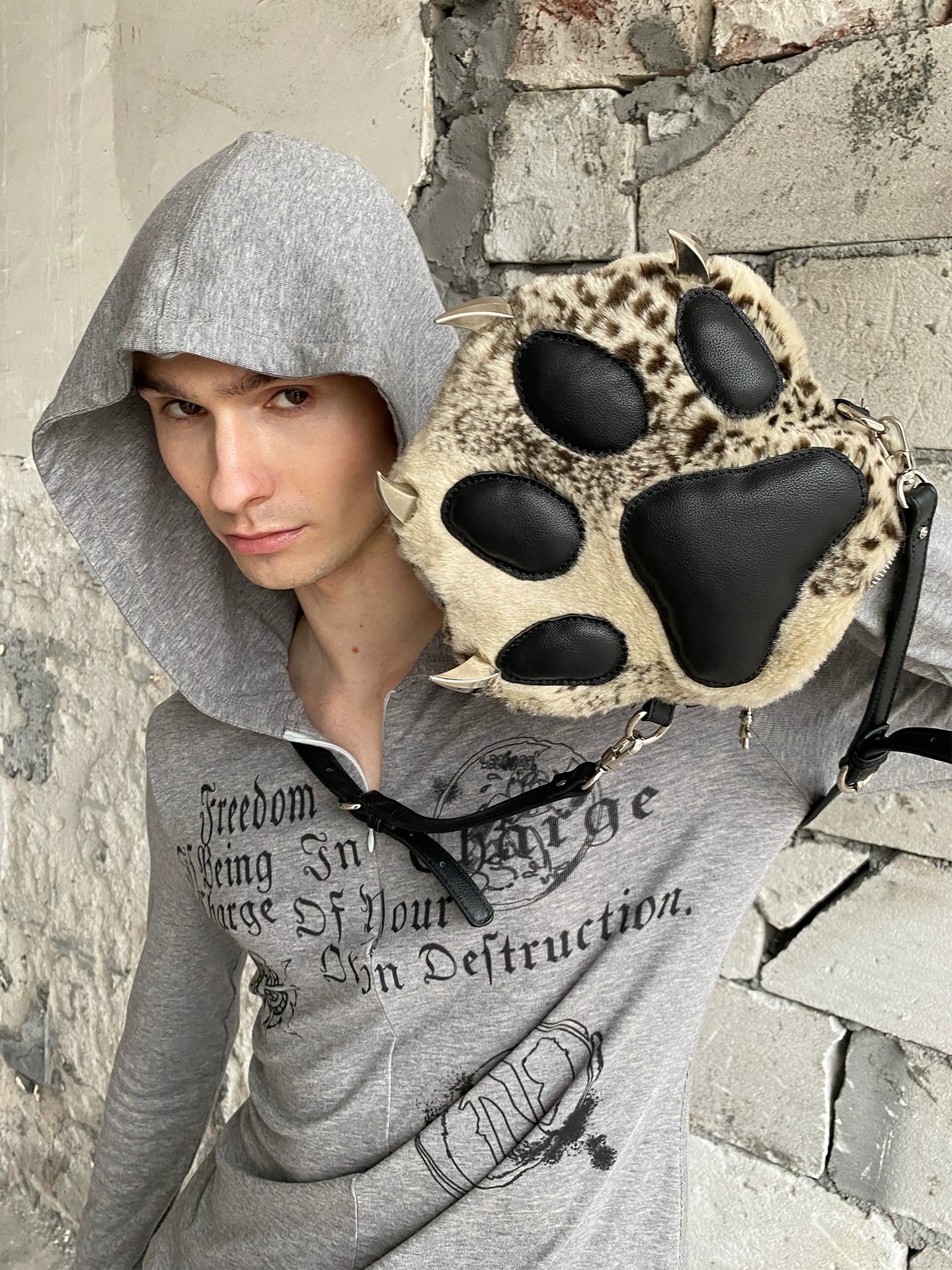DND4DES   Plush Leopard Print Bear Claw Bag Genuine Leather Messenger Bag