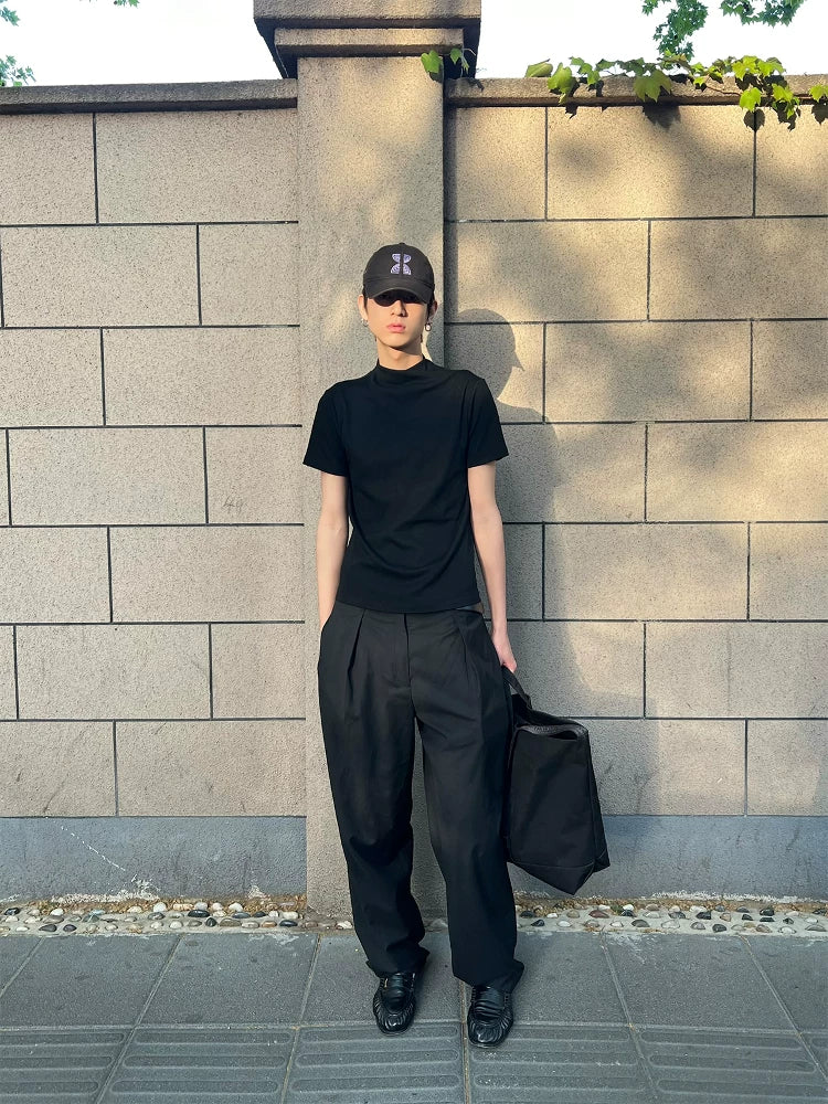 Slight Vogue Crossed Jumpcollar Straight Shoulder Knitted Slim Tee