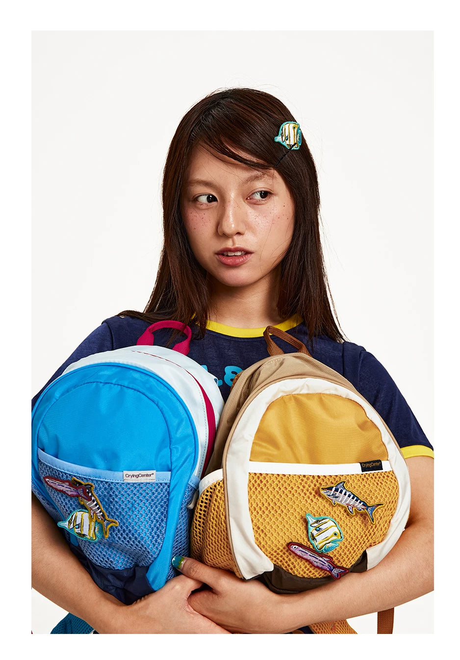 CryingCenter Contrast Pin Small Fish Embroidery Sports Backpack