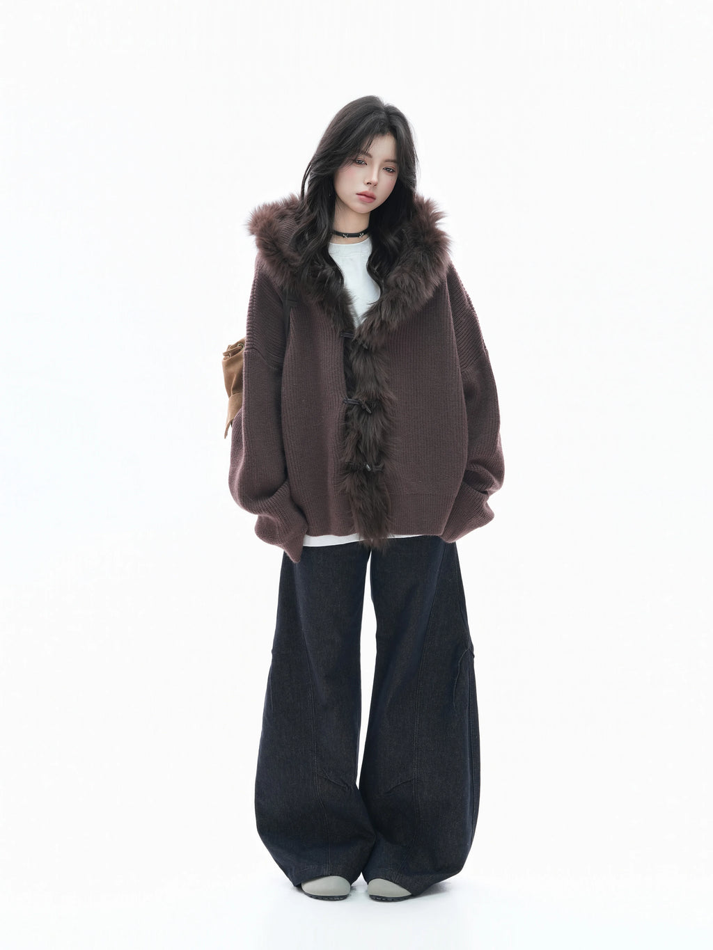 Zuocisankon Retro Big Fur Collar Hooded Knitted Sweater