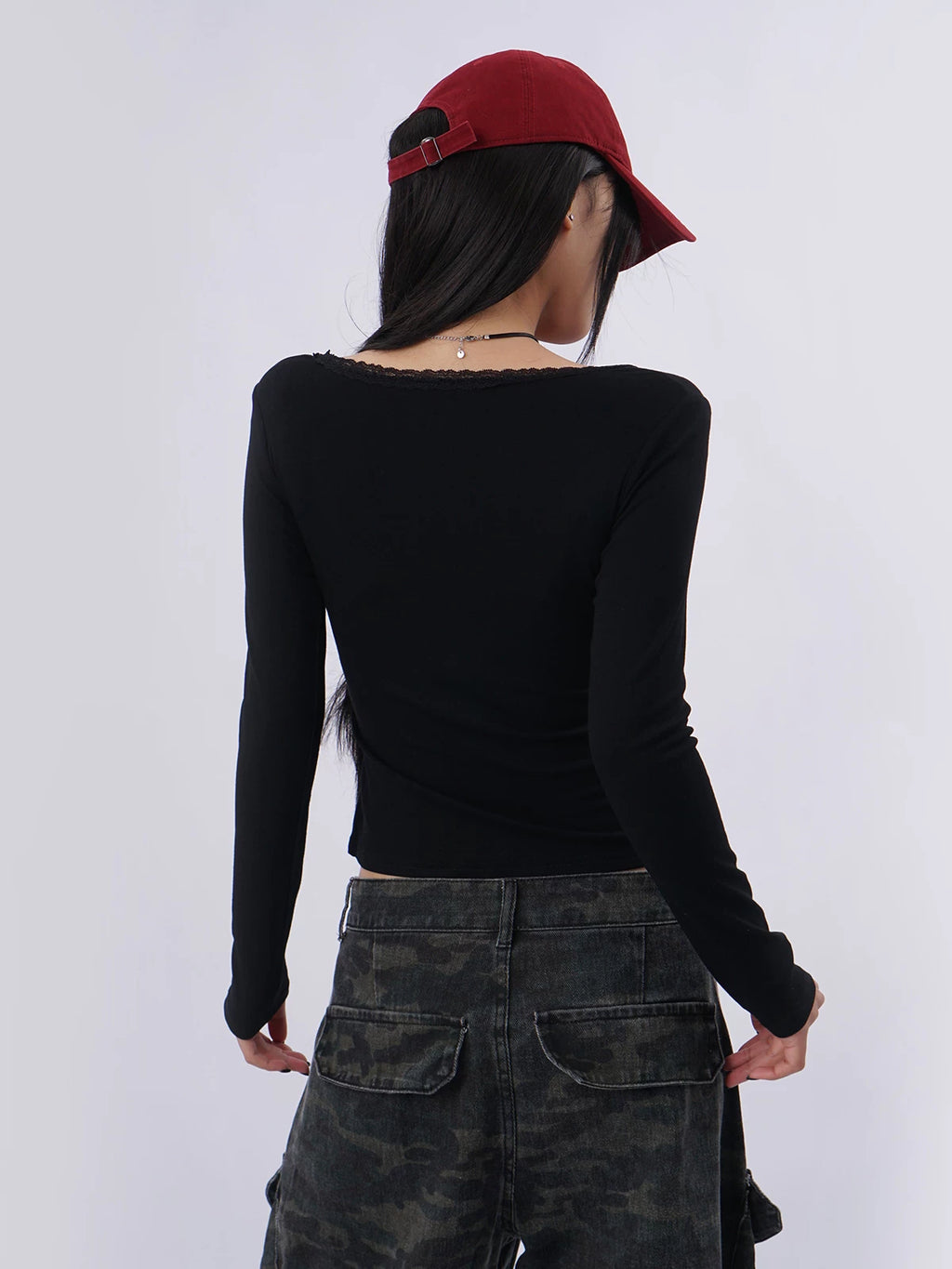 SAMUSAN Lace Stitching Slim Slim Long Sleeves