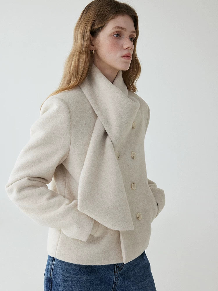 VOOE Scarf Collar Double-breasted Front-shoulder Woolen Jacket