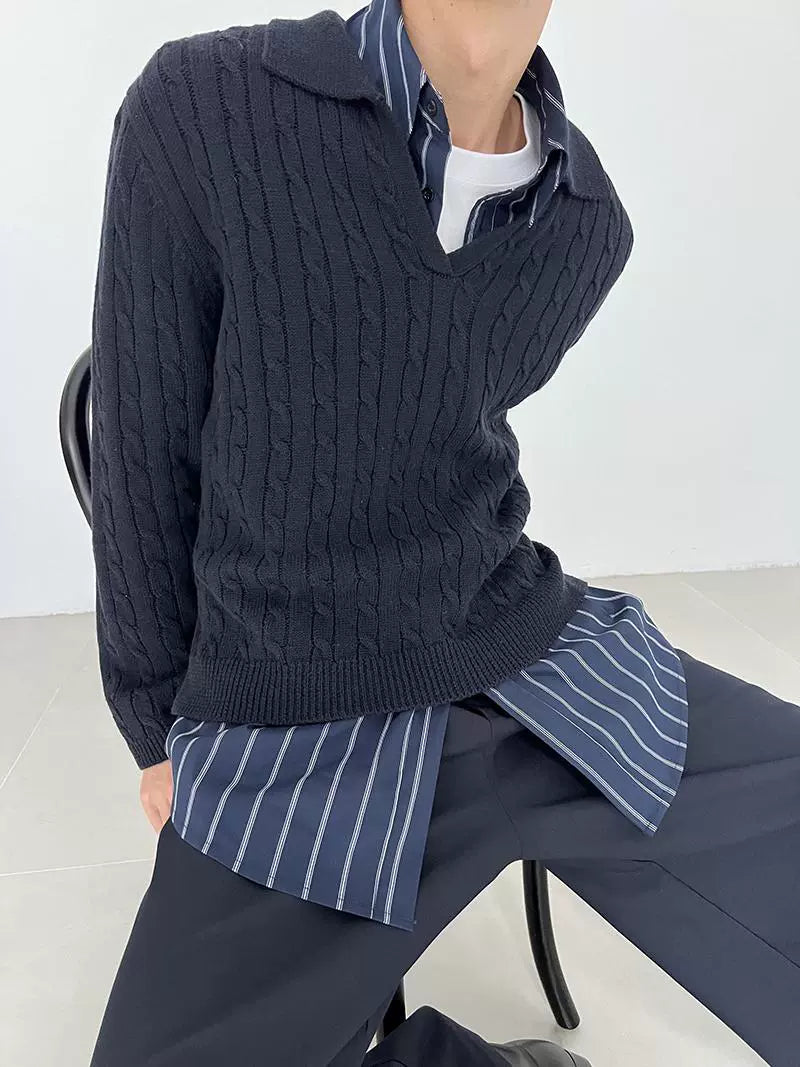 COLN Deep V Lapel Twist Knitted Sweater
