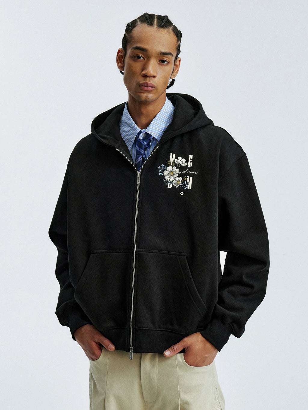 MEDM Flower Letter Embroidered Casual Zip Sweater