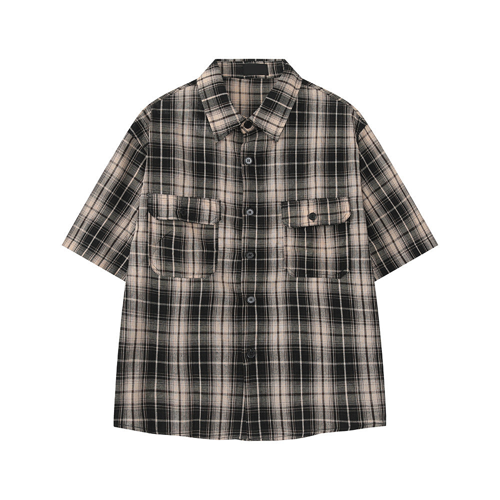 MTLCLOTHES Vintage Lapel Short-sleeved Contrasting Plaid Shirt