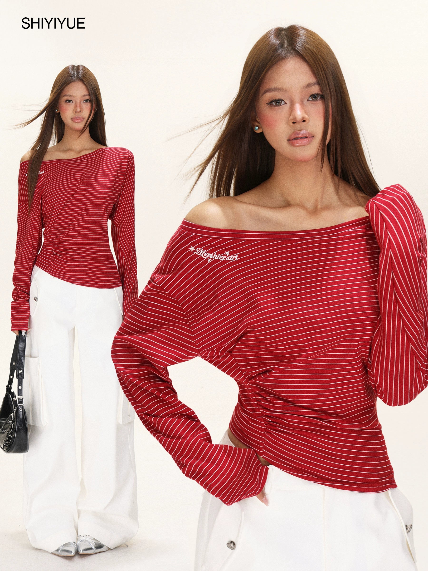 Mershier Waist Slant Shoulder Striped Long Sleeve