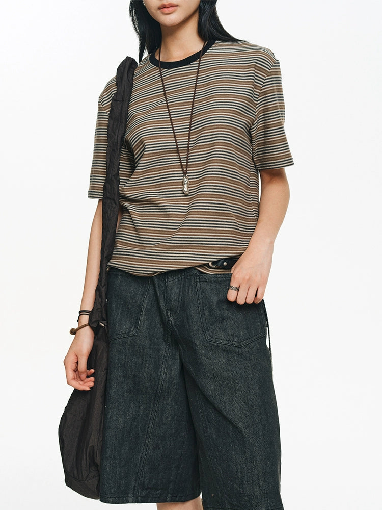 LIMPIDOCULUS Silhouette Contrasting Ribbed Crew Neck Vintage Striped TEE