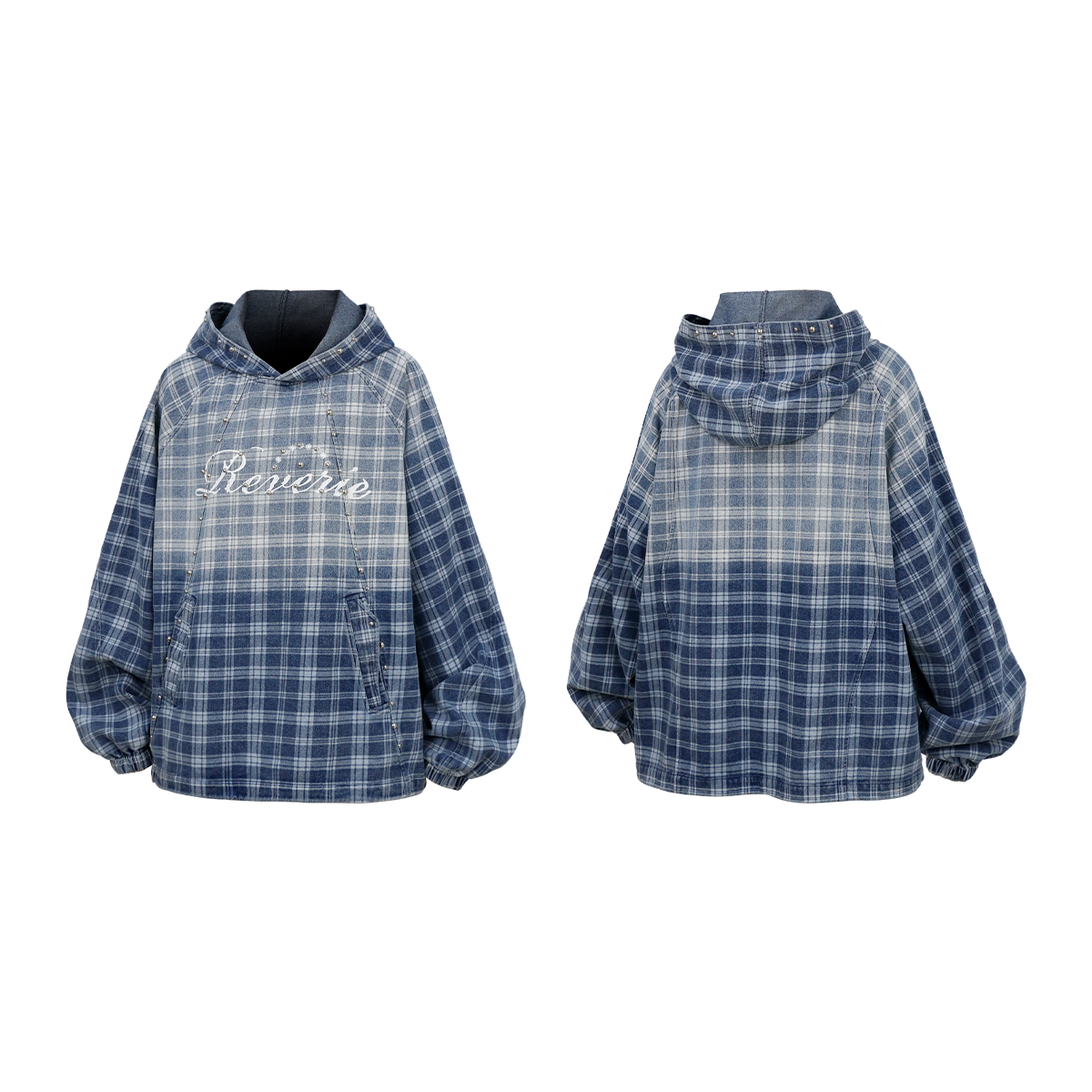 RELABEL Bump Studs Gradual Change Plaid Hooded Denim Sweater