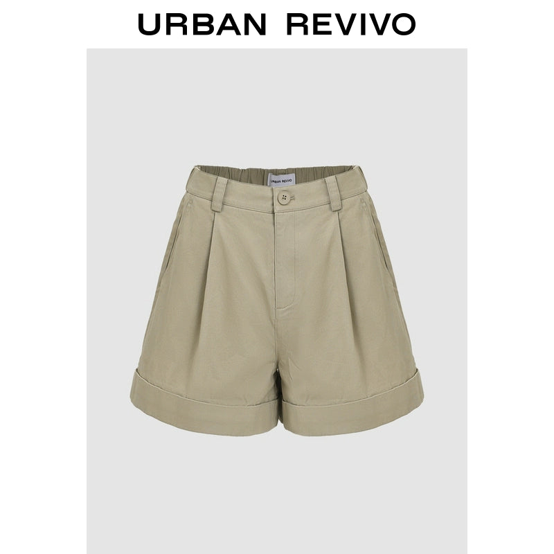 URBAN REVIVO Casual Minimalist Back Elastic Waist Hemmed Shorts