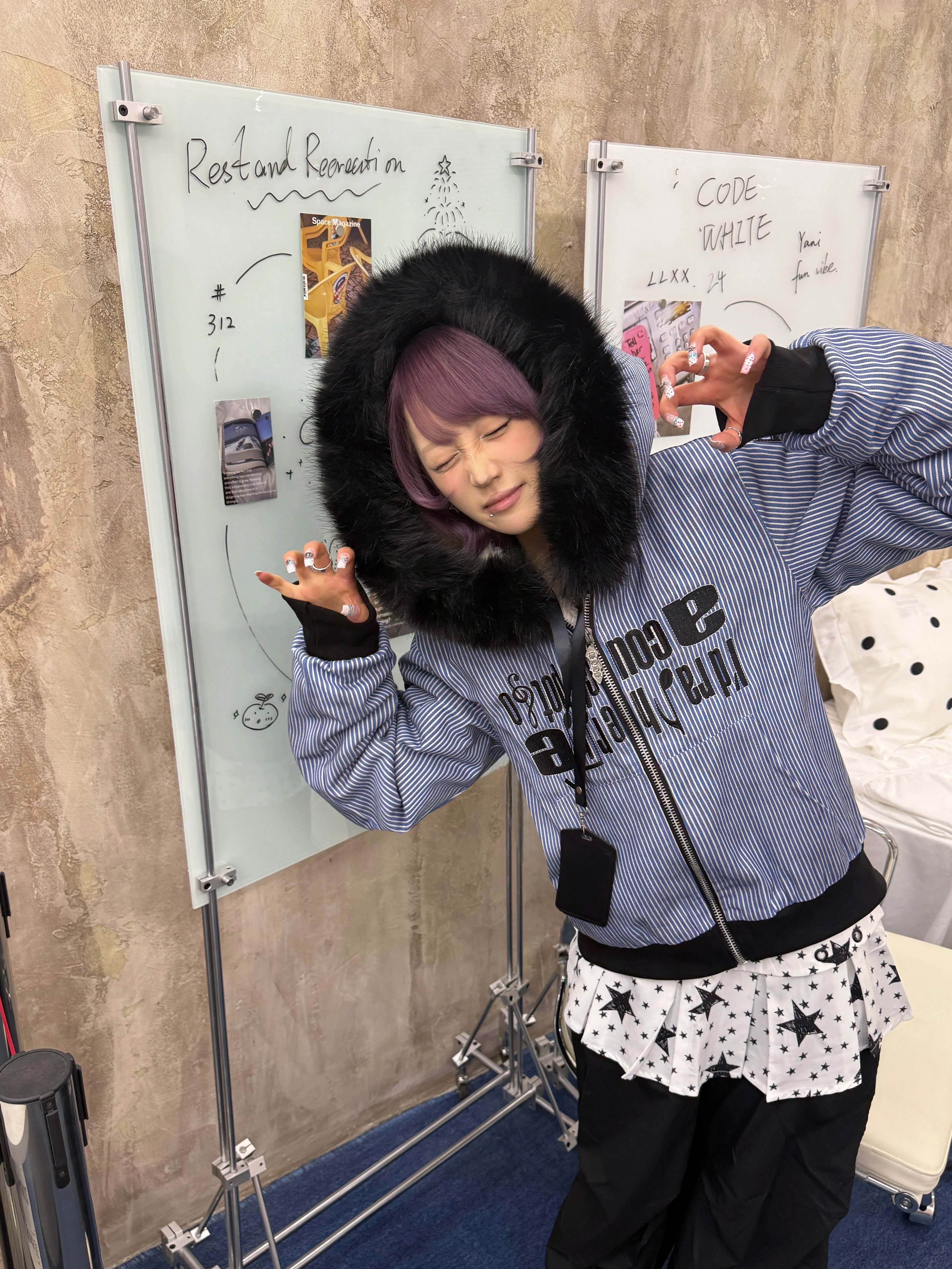 DETW Striped Long Fur Collar Lamb Fleece Hooded Jacket