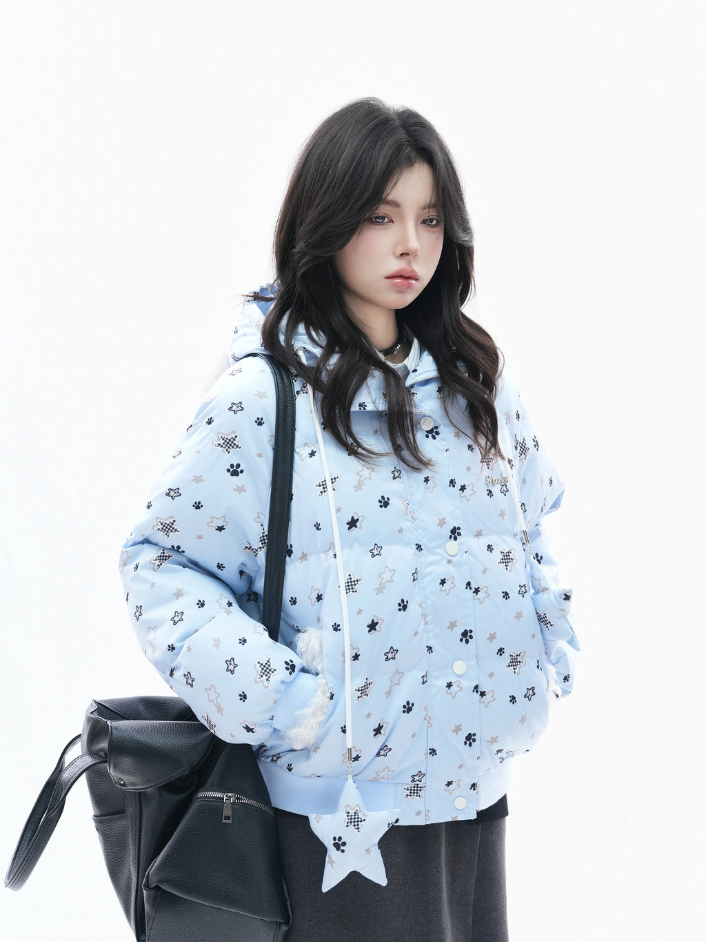 Zuocisankon Star Print Plush Hooded Cotton Coat