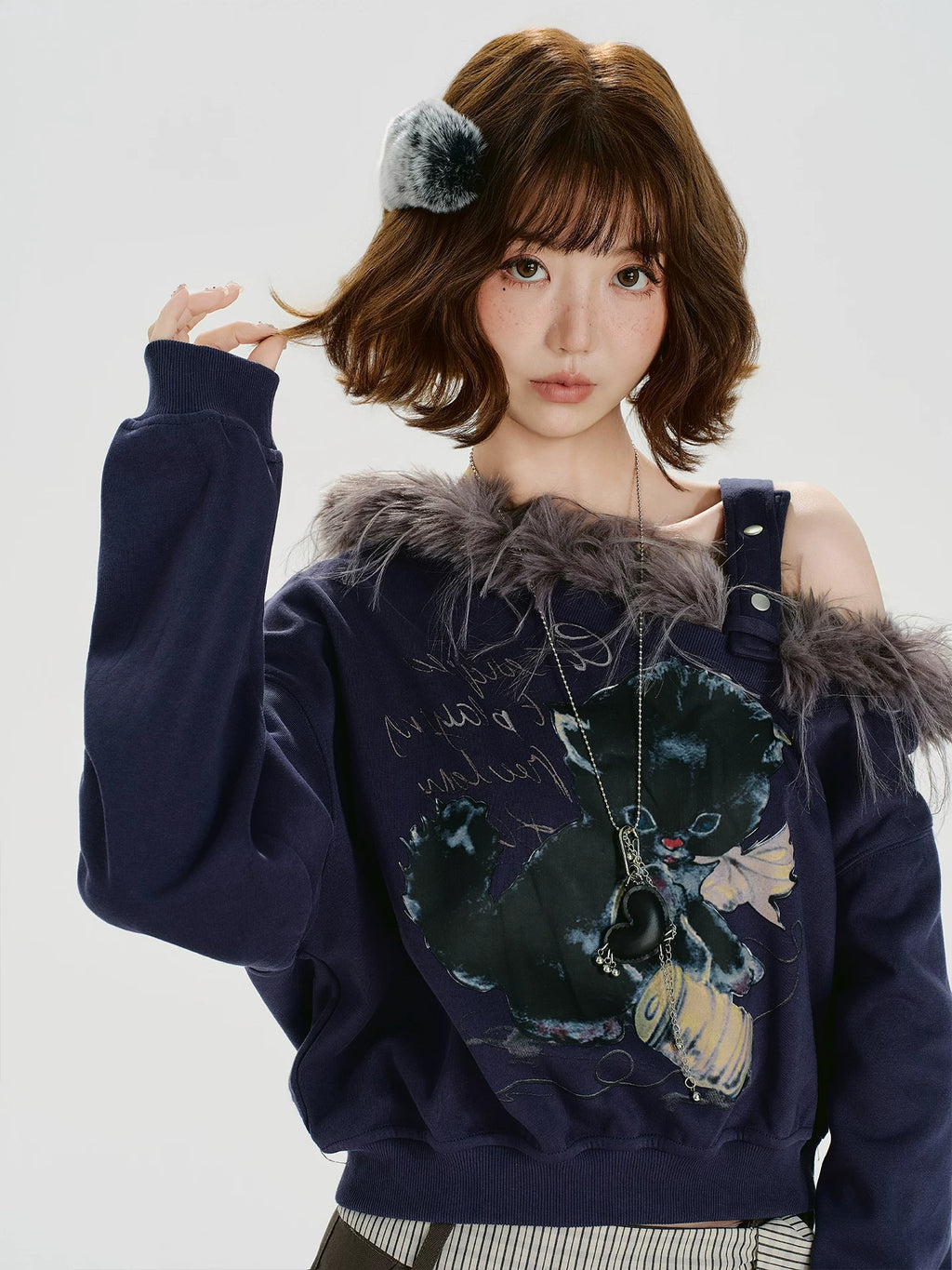 Girlyhalo Vintage Fur Collar Print Slash Shoulder Long Sleeve Sweater