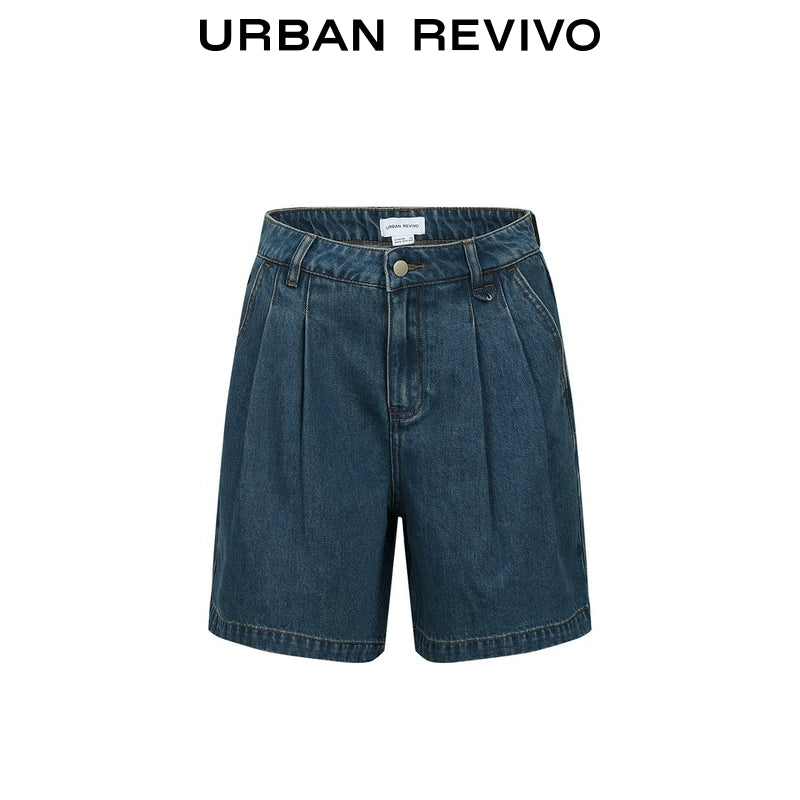 URBAN REVIVO Casual Retro Washed Pleated Denim Shorts