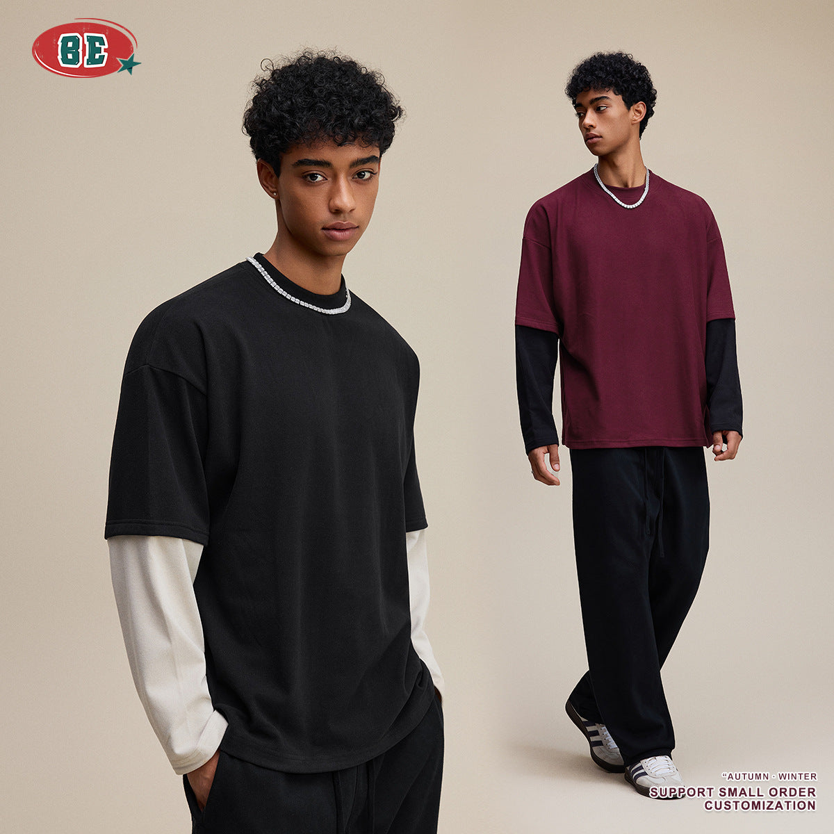 BE German Velvet Contrasting Color Splicing Base Fake Two-piece Long Sleeve