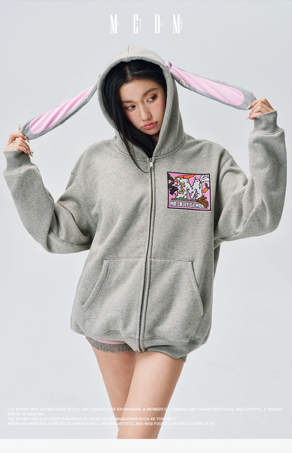 MEDM Rabbit Ear Sweet Cool Velcro Fleece Zipper Hooded Sweater